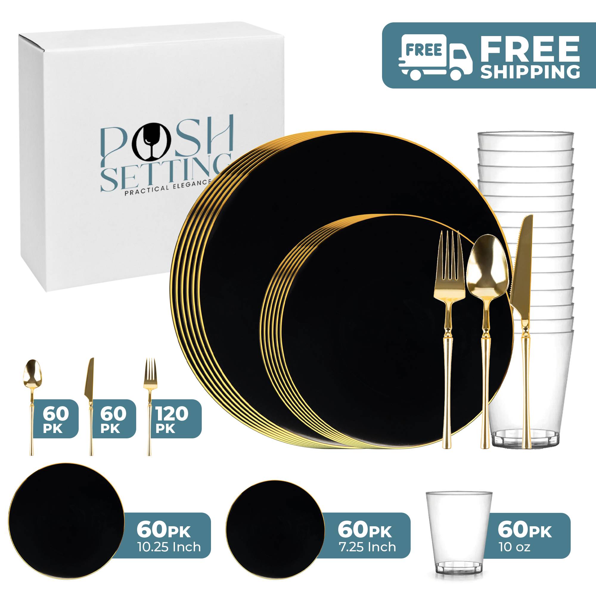 Black and Gold Plastic Party Bundle - Elegant Disposable Tableware Set for Birthday, Wedding & Holiday Celebrations - Perfect for Parties, Events & Home Decor