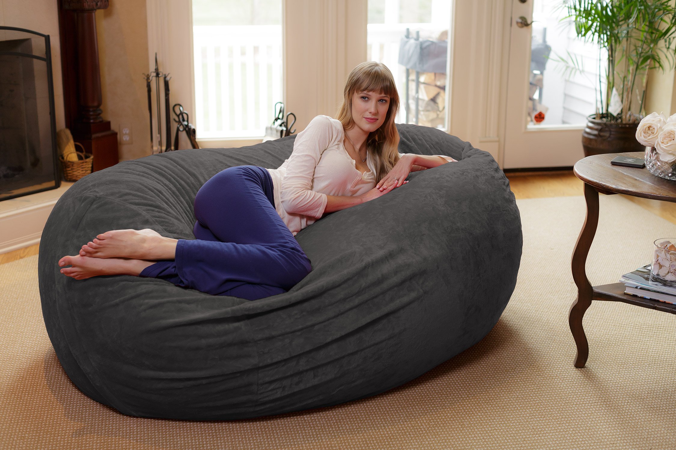 Chill Sack AMZ-6LG-FF11 6-Foot Memory Foam Bean Bag Chair - Large UltraSoft Microfiber Lounger with Furry Grey Cover - Perfect for Gaming, Movie Nights & Dorm Room Relaxation