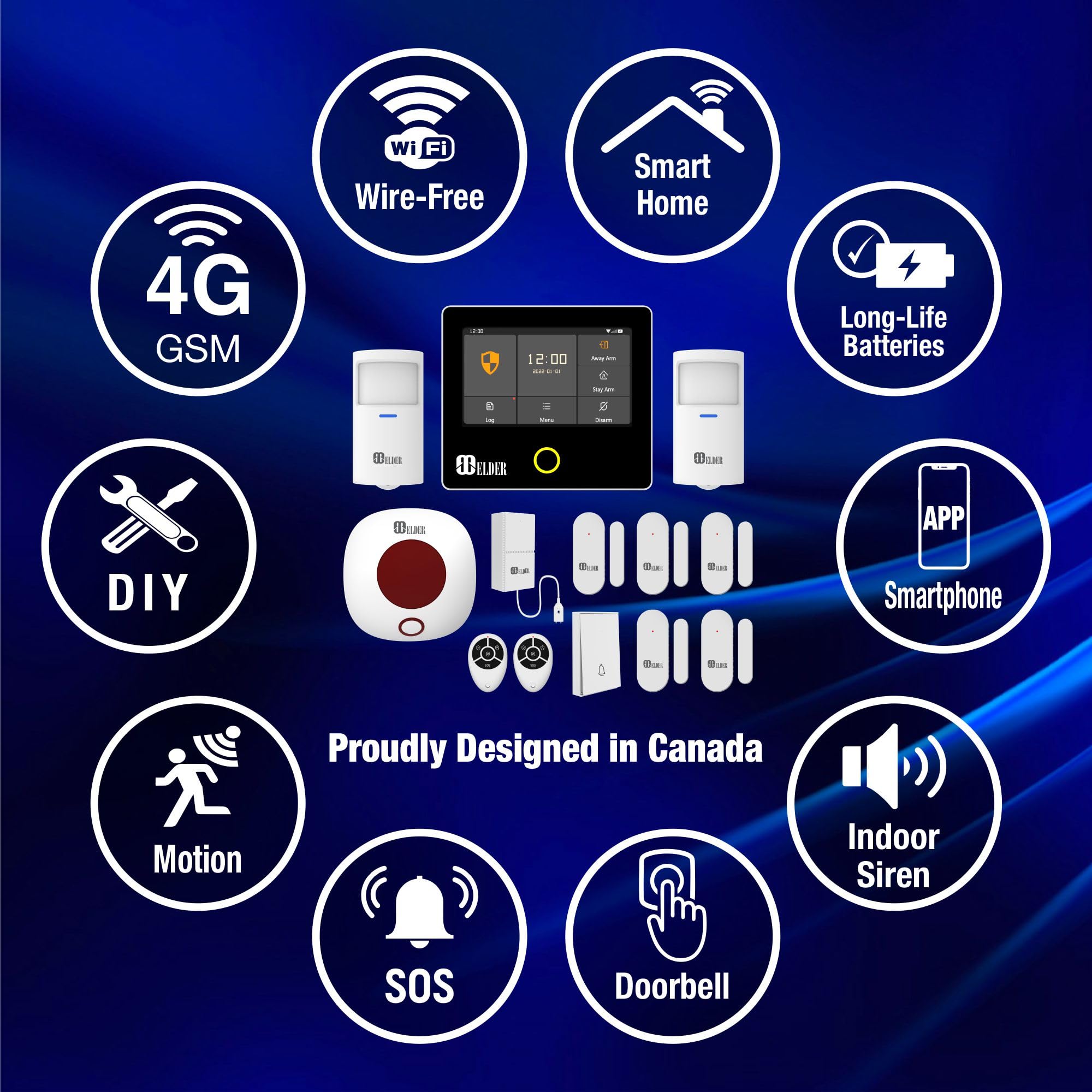 Elder Wireless 13-Piece Smart Home Security System with WiFi & 4G - DIY Touch Panel, Siren, Doorbell, Leak & Motion Sensors - Compatible with Google Assistant & Alexa - Perfect for Home Protection & Remote Monitoring