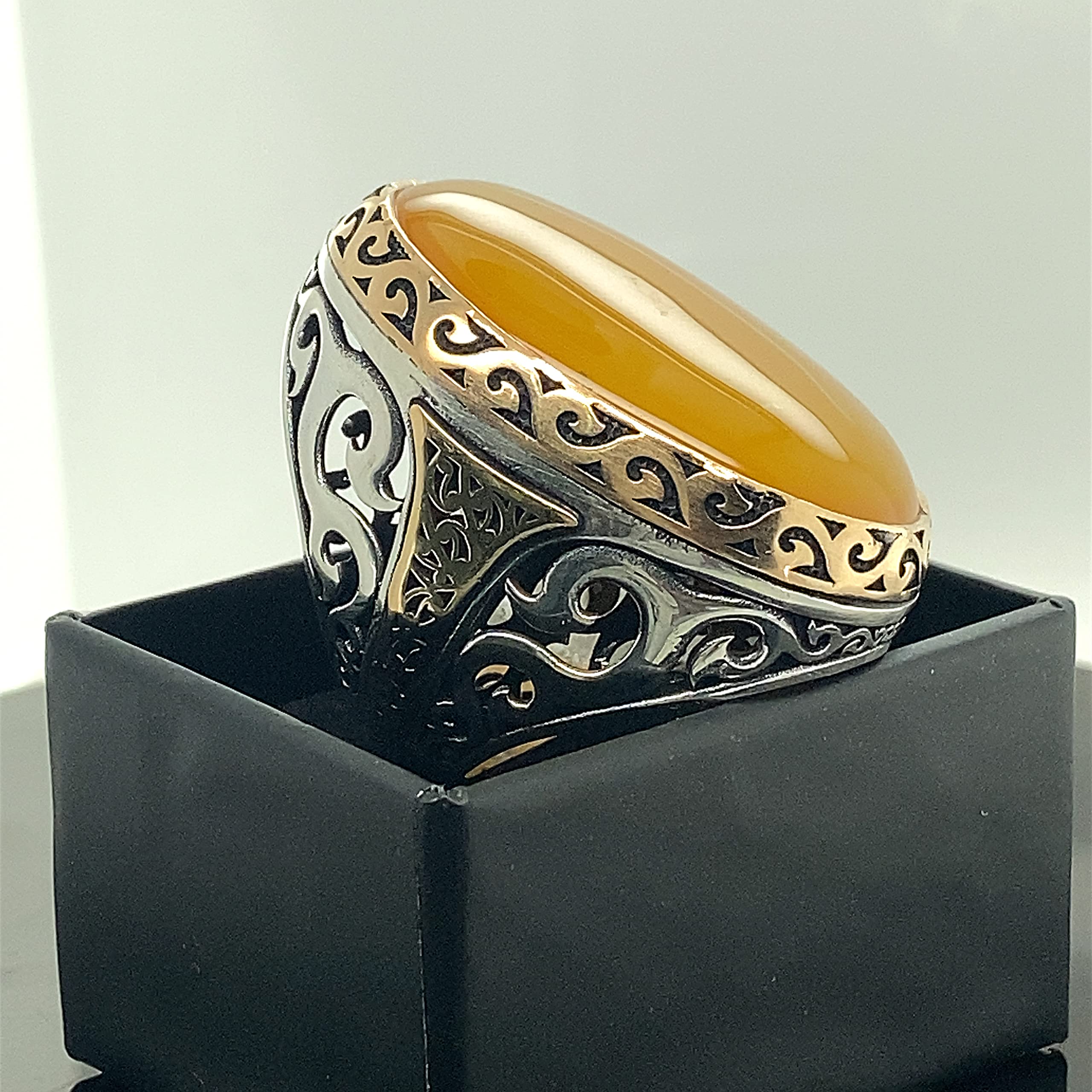 Handmade Men's Agate Stone Ring - Large Yellow Agate Ottoman Style 925 Sterling Silver Jewelry for Men | Perfect Gift for Him, Birthday, Anniversary & Special Occasions | Ideal for Weddings, Parties & Everyday Wear