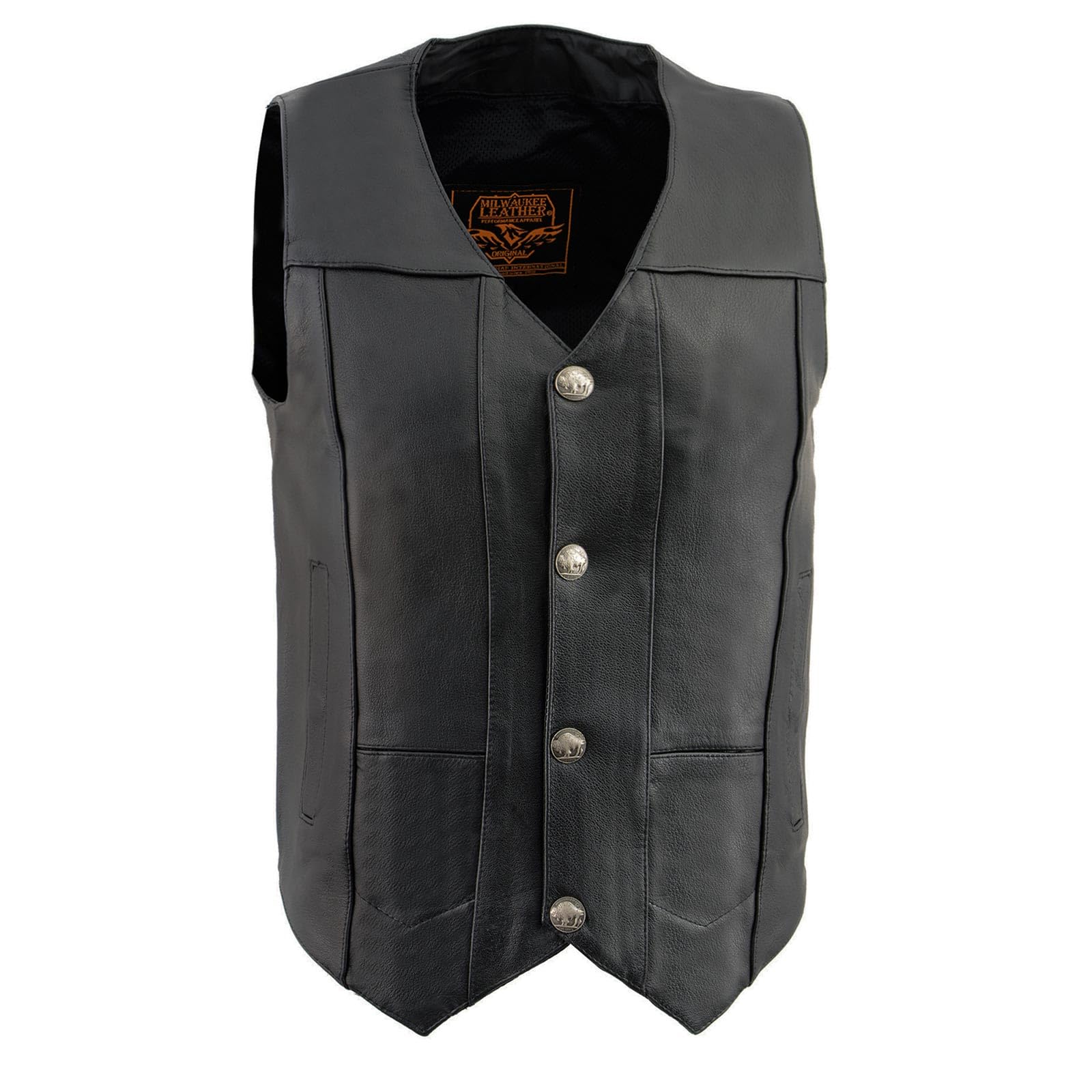 Milwaukee LKM3700 Men's Black Leather Motorcycle Vest - Classic V-Neck Design with Buffalo Nickel Snaps Closure | Riding Gear for Bikers & Outdoor Enthusiasts