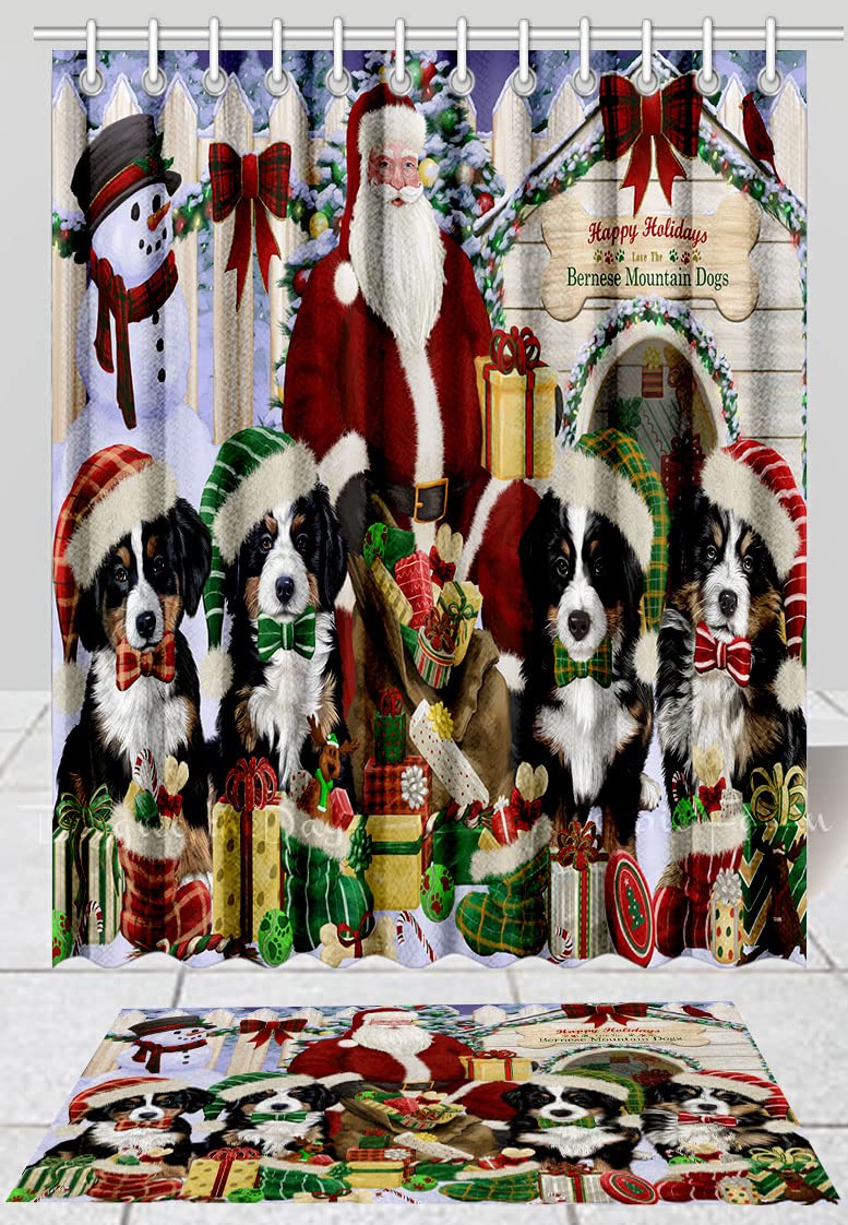 Bernese Mountain Dog Shower Curtain & Bath Mat Set - Christmas House Gathering Anti-Slip Bathroom Decor, Plush Rug & Polyester Bathtub Curtain with Hooks (Mat 16''x28'', Curtain 69