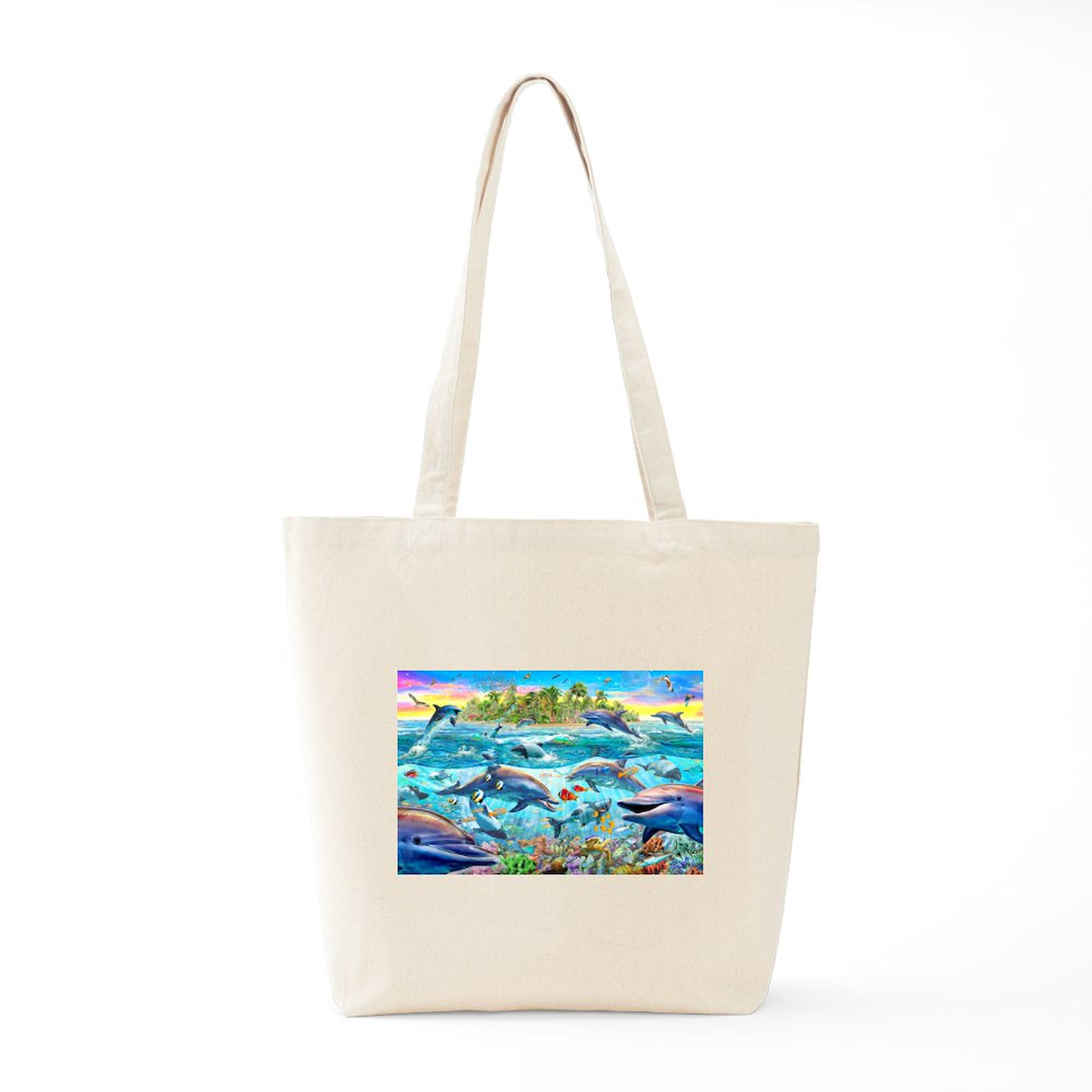 Dolphin Reef Canvas Tote Bag - Eco-Friendly Reusable Shopping Bag for Beach, Grocery & Everyday Use | Natural Cotton Carryall