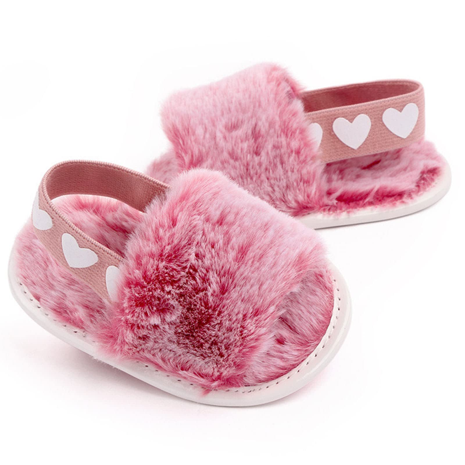2 Pack Baby Girls Sandals - Soft Elastic Back Strap First Walker Shoes | Faux Fur House Slippers for Toddlers (Pink/White) - Perfect for Indoor Play, Nursery & Princess Dress Up
