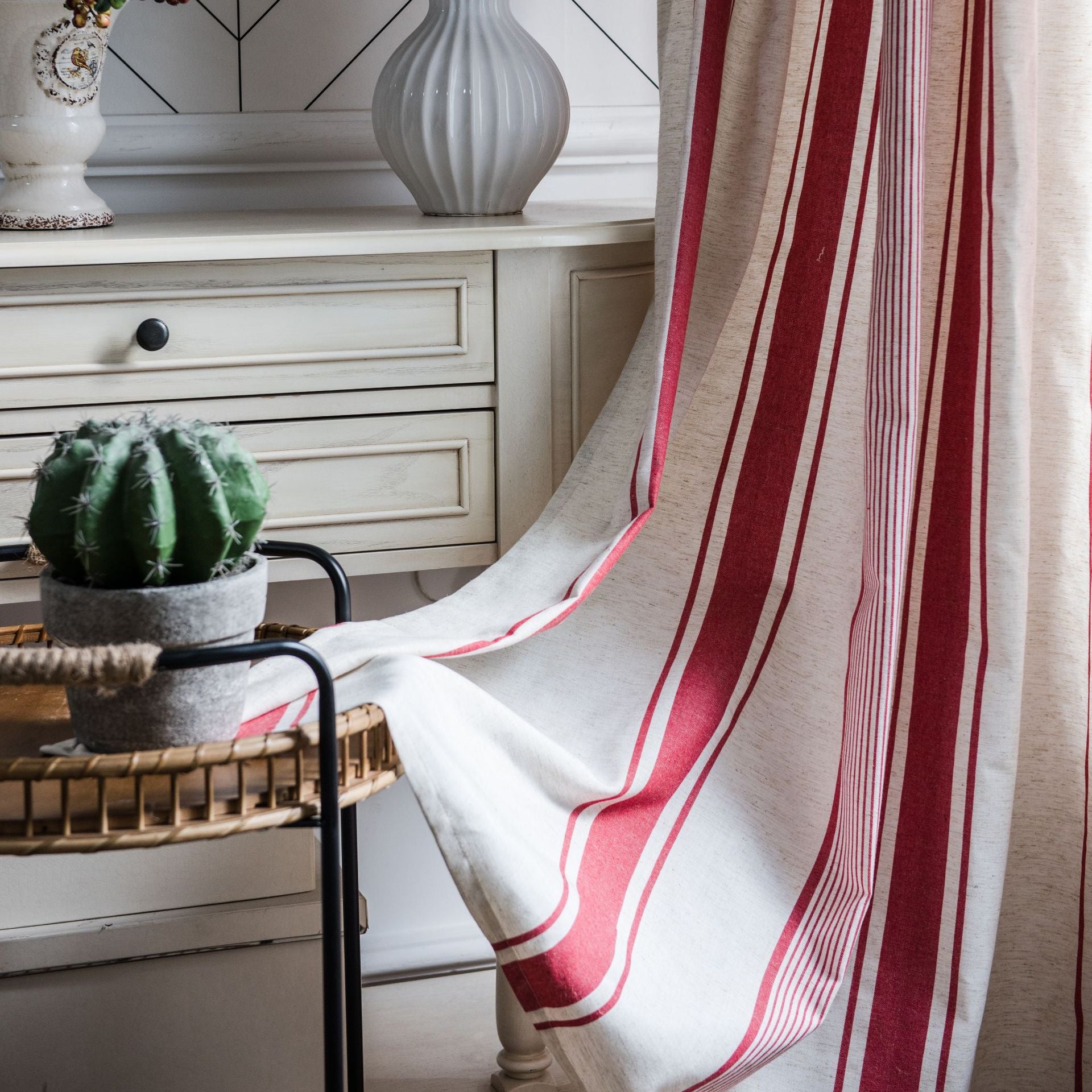 Charley Red Geometric Light Filtering Grommet Curtains - Custom Window Treatments for Living Room & Bedroom