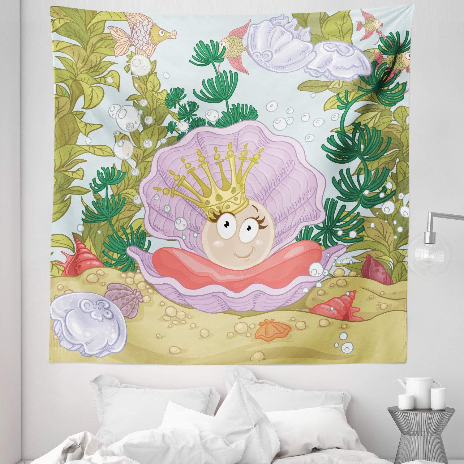 Ambesonne King Size Pearls Tapestry - Cartoon Pearl in Clam Crown Tiara Reef Print Wall Hanging, 88x88 Inch Multicolor Bedspread & Wall Decor for Girls Room, Beach Theme Bedroom, Boho Chic Living Room