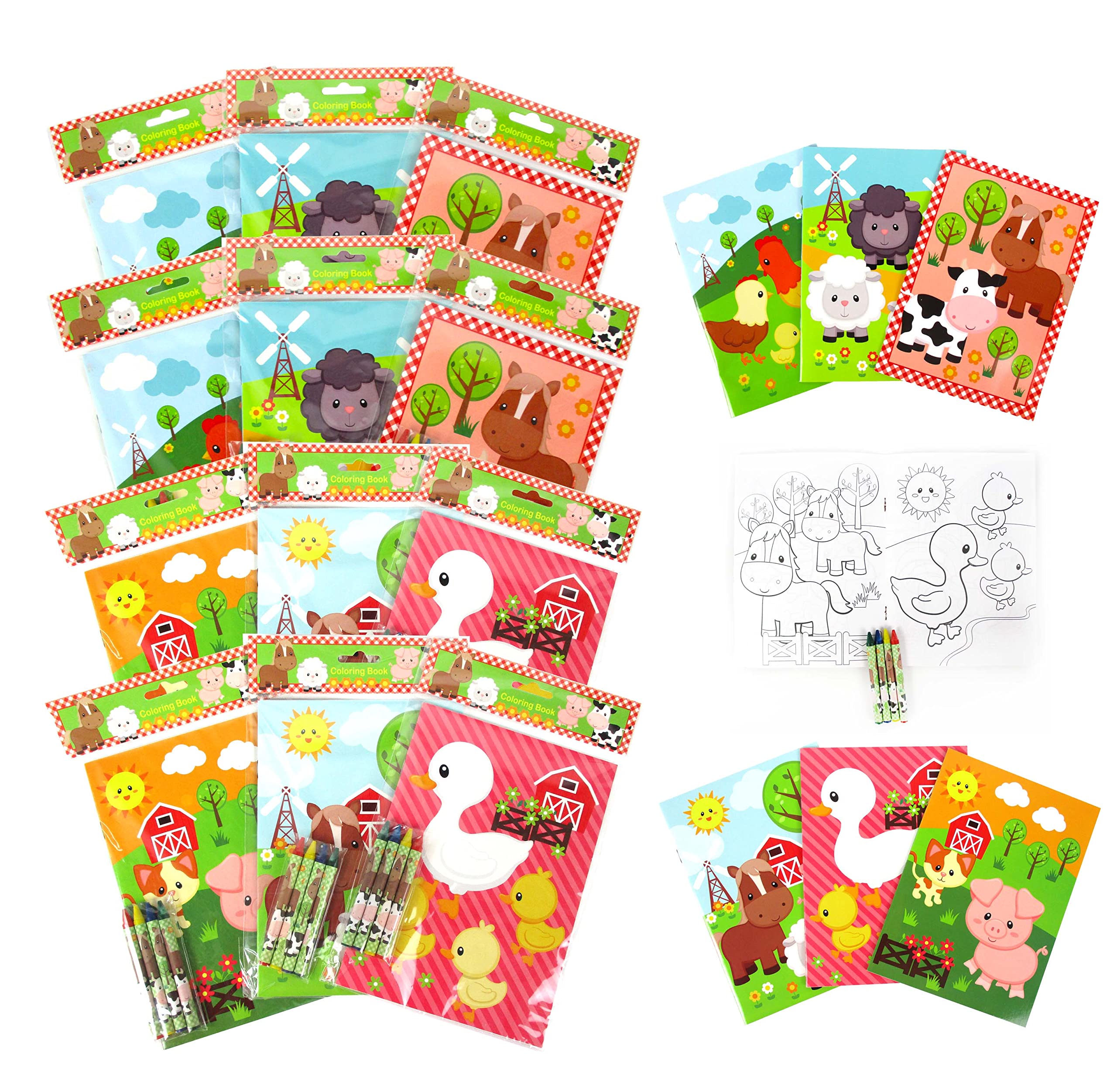 Tiny Mills Farm Animals Coloring Books with Crayons - 12 Pack Coloring Books & 48 Crayons Set | Fun Barnyard Party Favors, Kids Birthday Gifts, Classroom Activities, Favor Bag Fillers, Farm Animal Themed Party Supplies