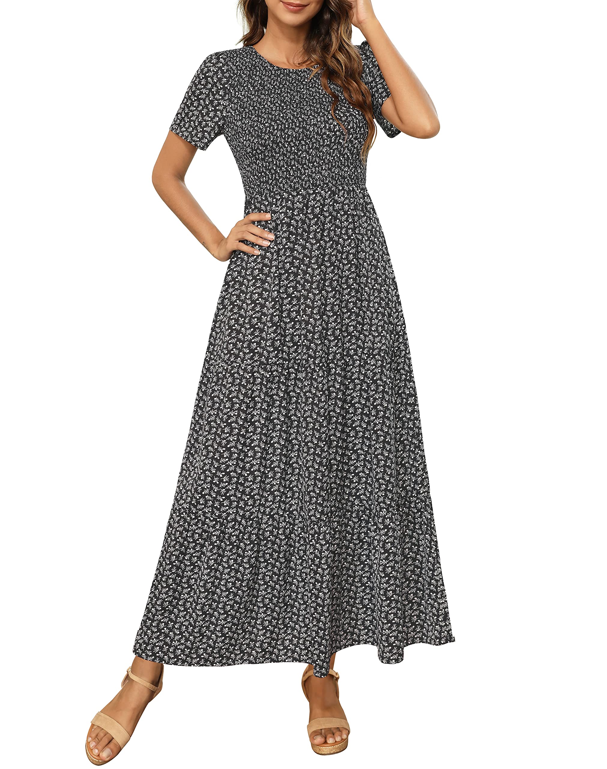 Maggeer Women's 2025 Spring Summer Floral Boho Maxi Dress - Smocked Waist Wedding Guest Dress with Short Sleeves, Flowy Long Dress for Beach Vacation, Garden Party & Casual Outings
