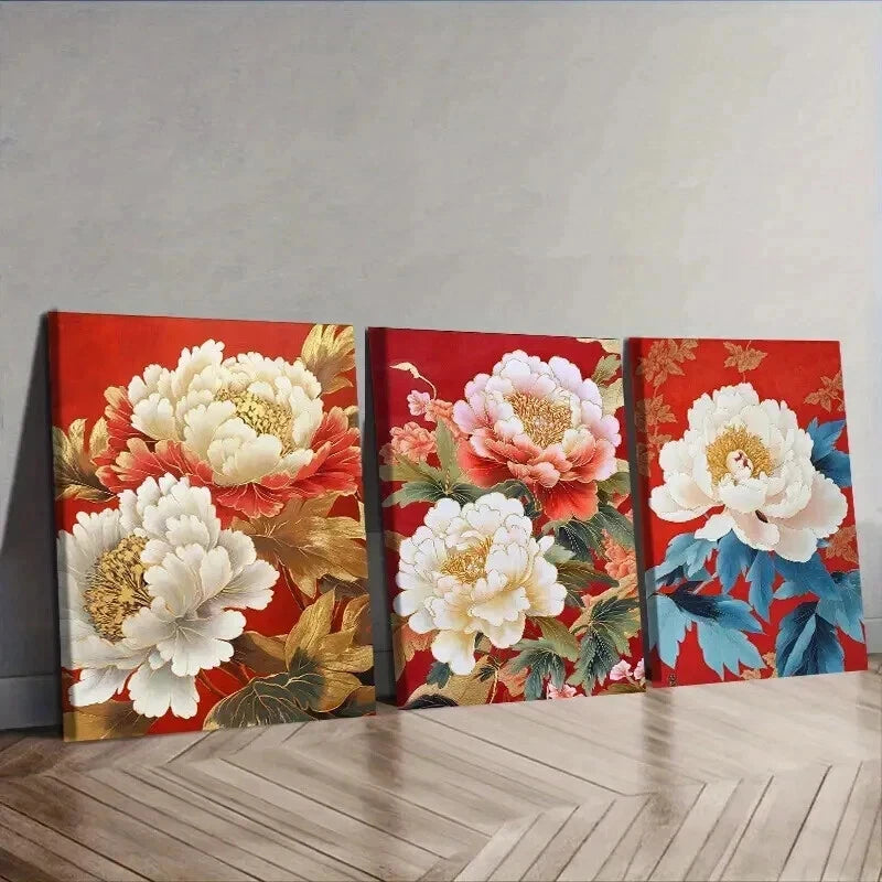 3-Piece Luxurious Peony Flower Painting Wall Art Set - Framed Canvas 50x70cm (20x28in) - High Quality Print - 100% Australian Made - Ready to Hang - Perfect for Living Room, Bedroom & Office Decor