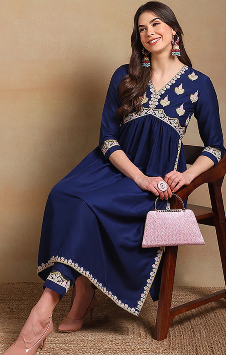Navy Blue Silk Blend Embroidered Flared Kurta Set for Women | Elegant Indian Ethnic Wear | Perfect for Festivals, Weddings & Parties
