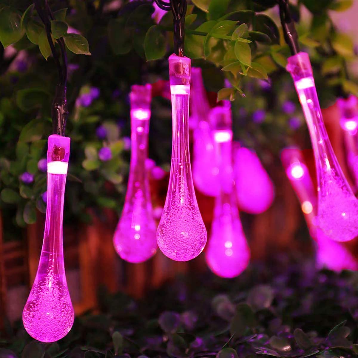 WONFAST 20ft 30LED Solar Outdoor String Lights - Waterproof Crystal Water Drop Fairy Lights for Garden, Patio, Wedding & Christmas Decor (Pink) | Solar Powered Party Lights for Outdoor Decoration & Festive Events
