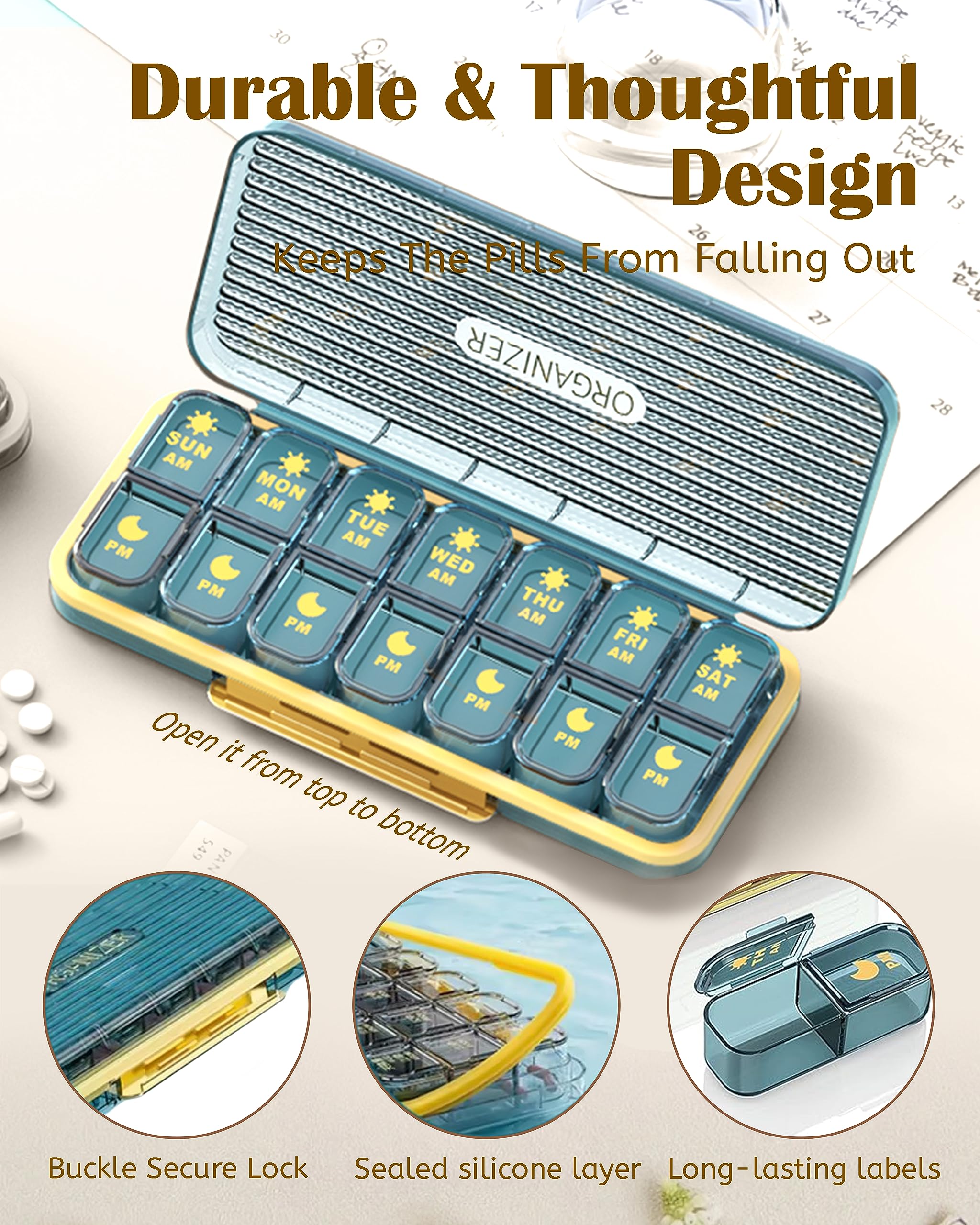 7-Day AM/PM Pill Organizer with Separate Compartments - Large Weekly Medicine Box for Vitamins, Fish Oil & Supplements | Portable Travel Pill Case (Green) - Perfect for Daily Medication Management & Travel