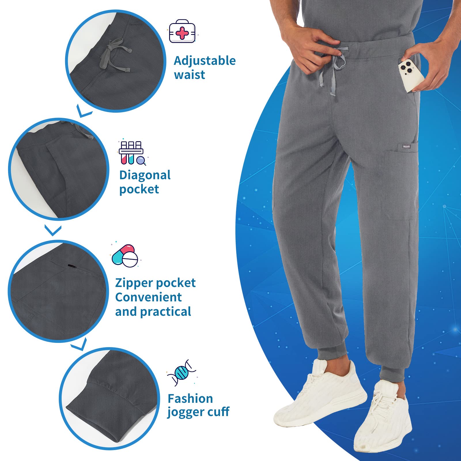 VIAOLI Men's Athletic Scrub Set - V-Neck Top & Yoga Jogger Pants with 8 Pockets for Medical Professionals | Comfortable Nursing Uniform for Doctors, Nurses & Healthcare Workers | Perfect for Hospital Shifts, Clinics & Long Work Hours