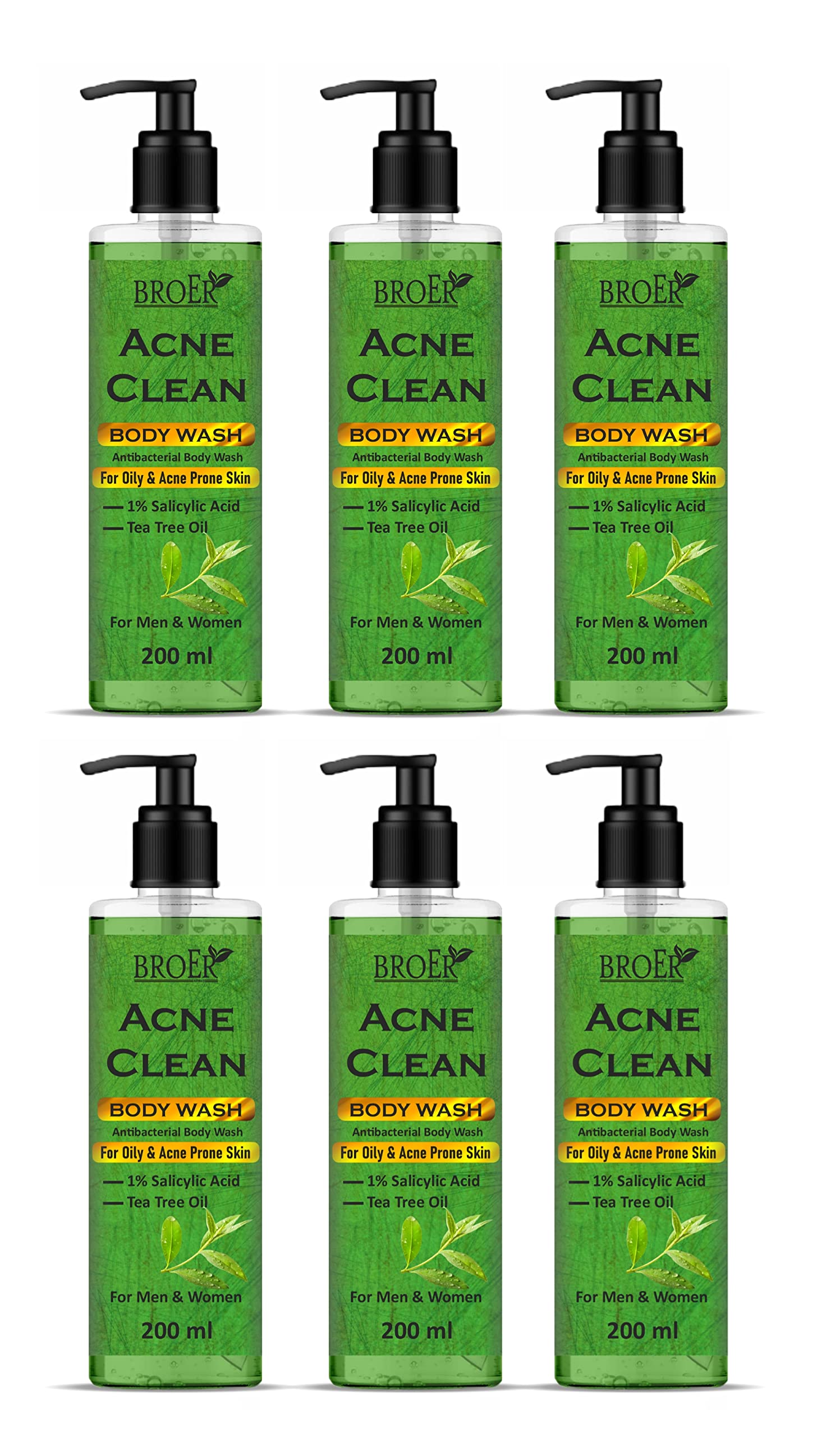 BROER Acne Clean 1% Salicylic Acid Body Wash with Tea Tree Oil - Oil Control & Acne Treatment for Oily & Acne-Prone Skin | SLS & Paraben Free Shower Gel | 1200ml (Pack of 6) | Perfect for Daily Shower & Post-Workout Cleansing