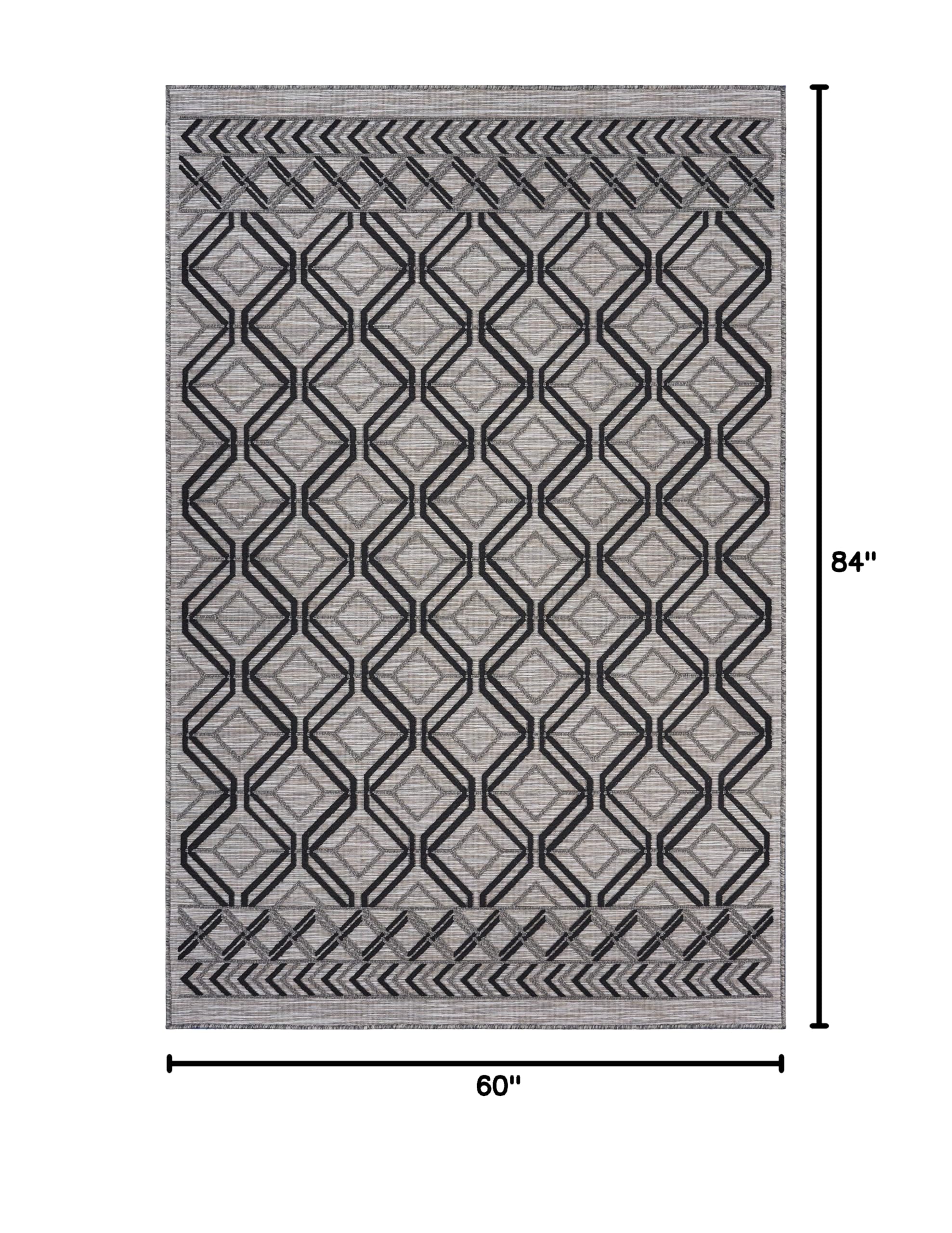 LR Home Geometric Daze Indoor Outdoor Area Rug 5x7 Feet - Modern Black Cream Tan Abstract Pattern - Perfect for Living Room, Bedroom, Patio & Deck Decor
