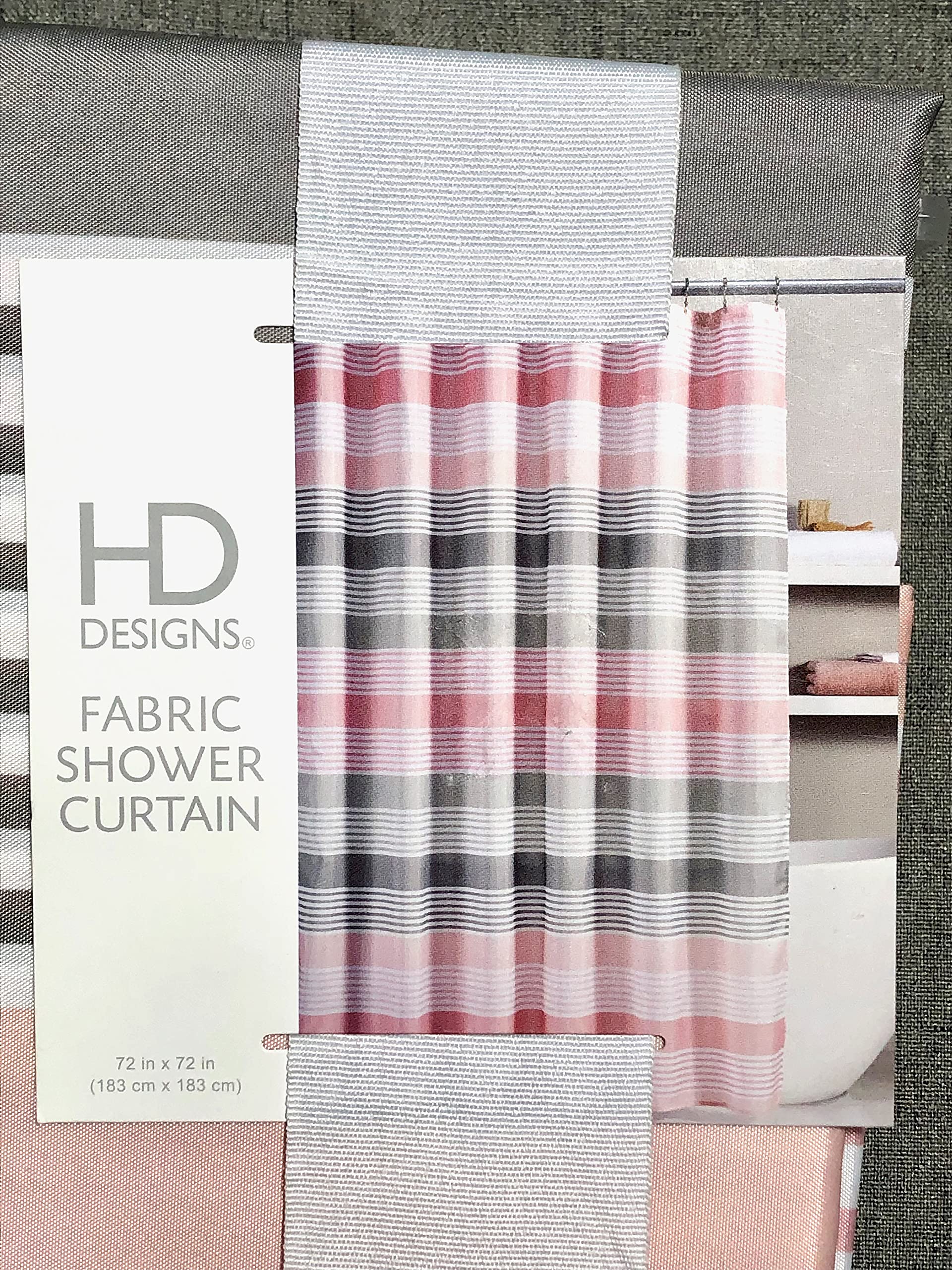 HD Designs Stripe Fabric Shower Curtain - Hampton Stripe Blush/Gray, 72x72 Inches Standard Size, Waterproof Bathroom Decor for Modern & Classic Homes