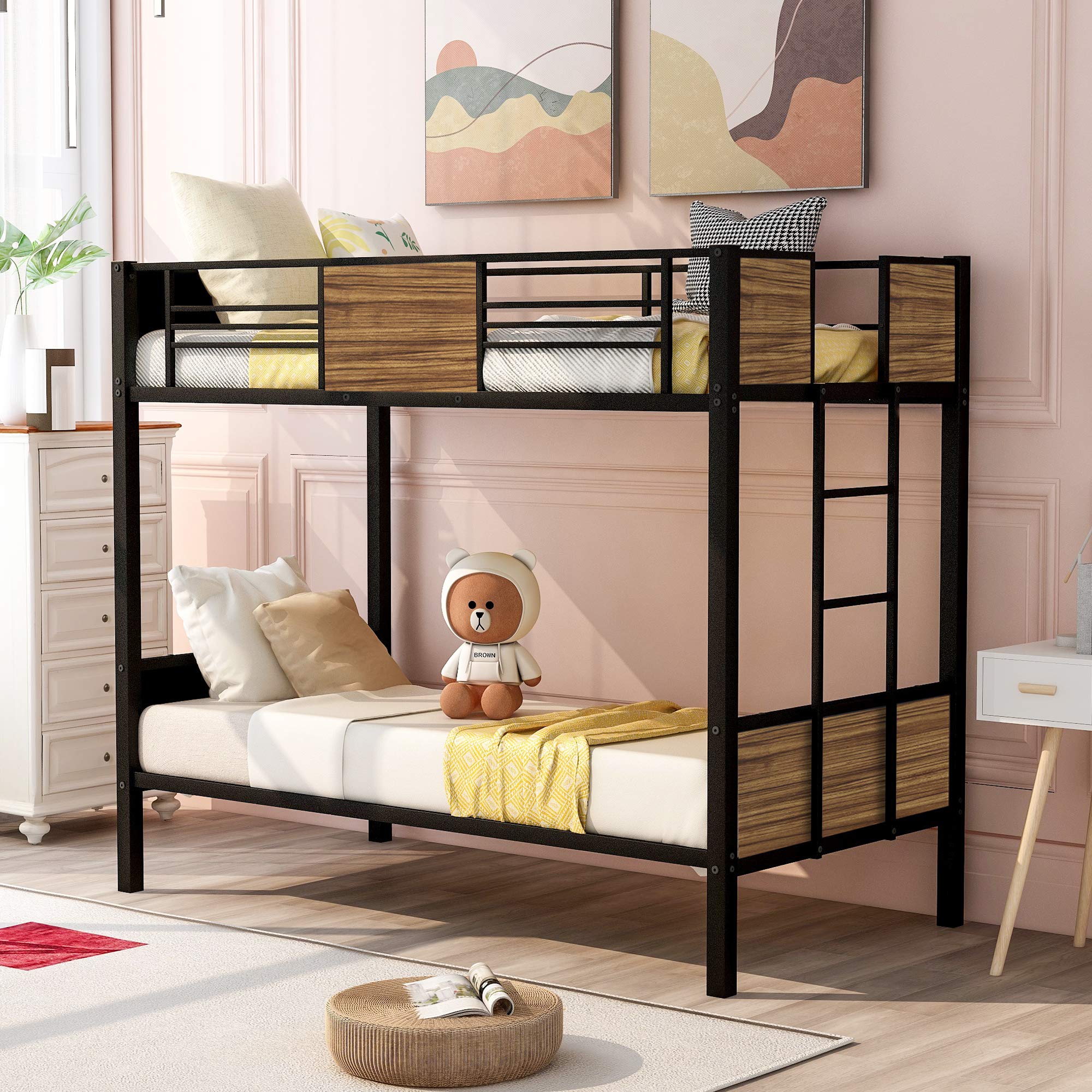 Modern Steel Twin-Over-Twin Bunk Bed Frame with Safety Rail & Built-in Ladder - Sturdy Metal Bunk Bed for Kids, Teens, Boys & Girls - Space-Saving Bedroom & Dorm Furniture (Brown) | Perfect for Shared Kids' Rooms, Sleepovers & Small Spaces