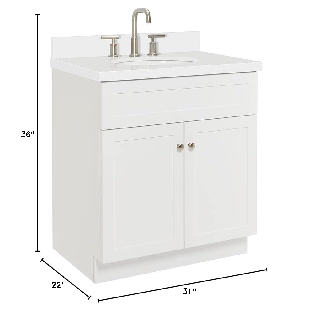 Ariel Hamlet 31 Inch White Bathroom Vanity Set with Sink - Solid Wood Vanity Cabinet, White Quartz Countertop, Oval Undermount Single Sink, Soft Closing Doors - Perfect for Modern Bathrooms, Powder Rooms & Home Renovation