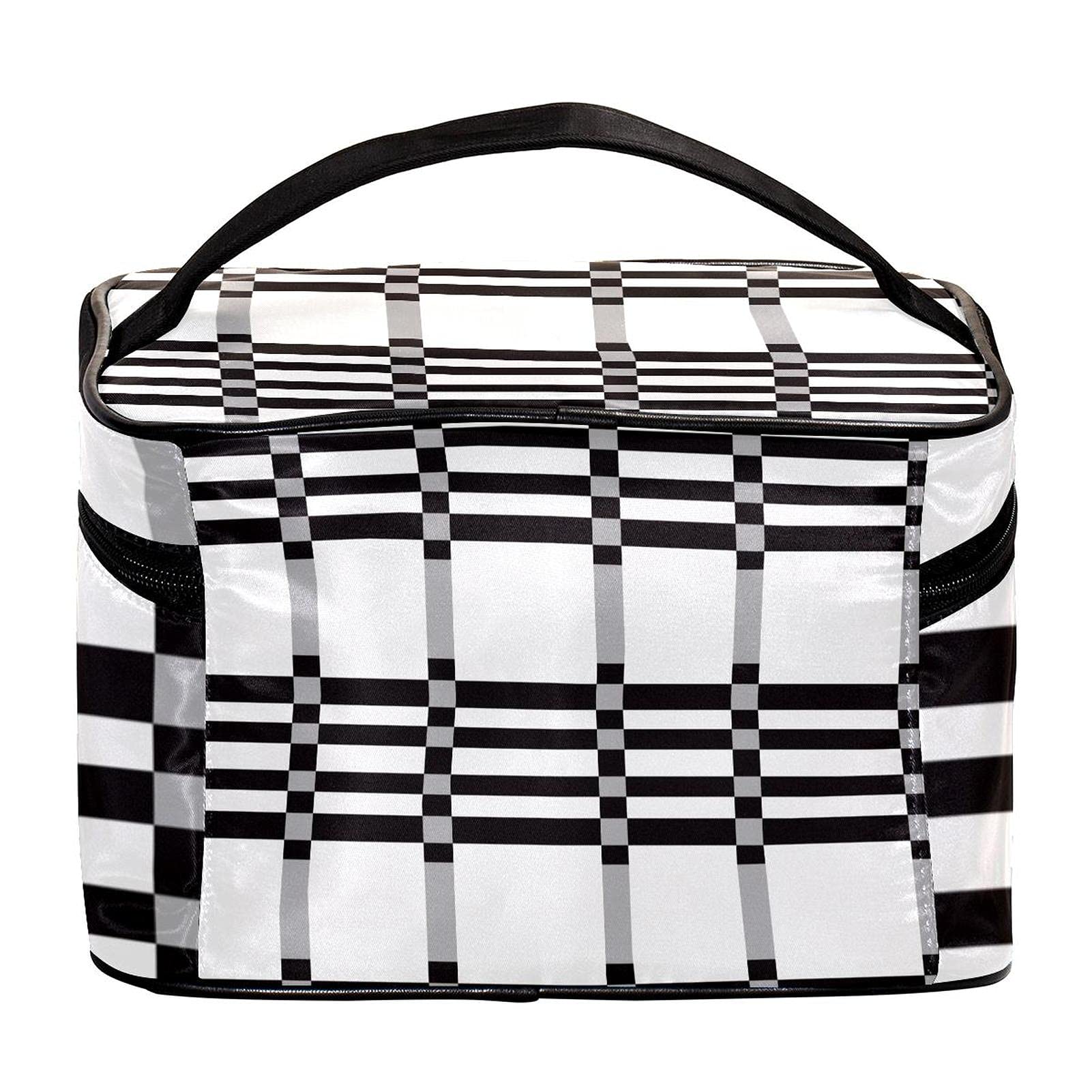 Black Plaid Check Travel Makeup Bag - Large Cosmetic Organizer for Women & Girls - Perfect for Travel & Daily Use