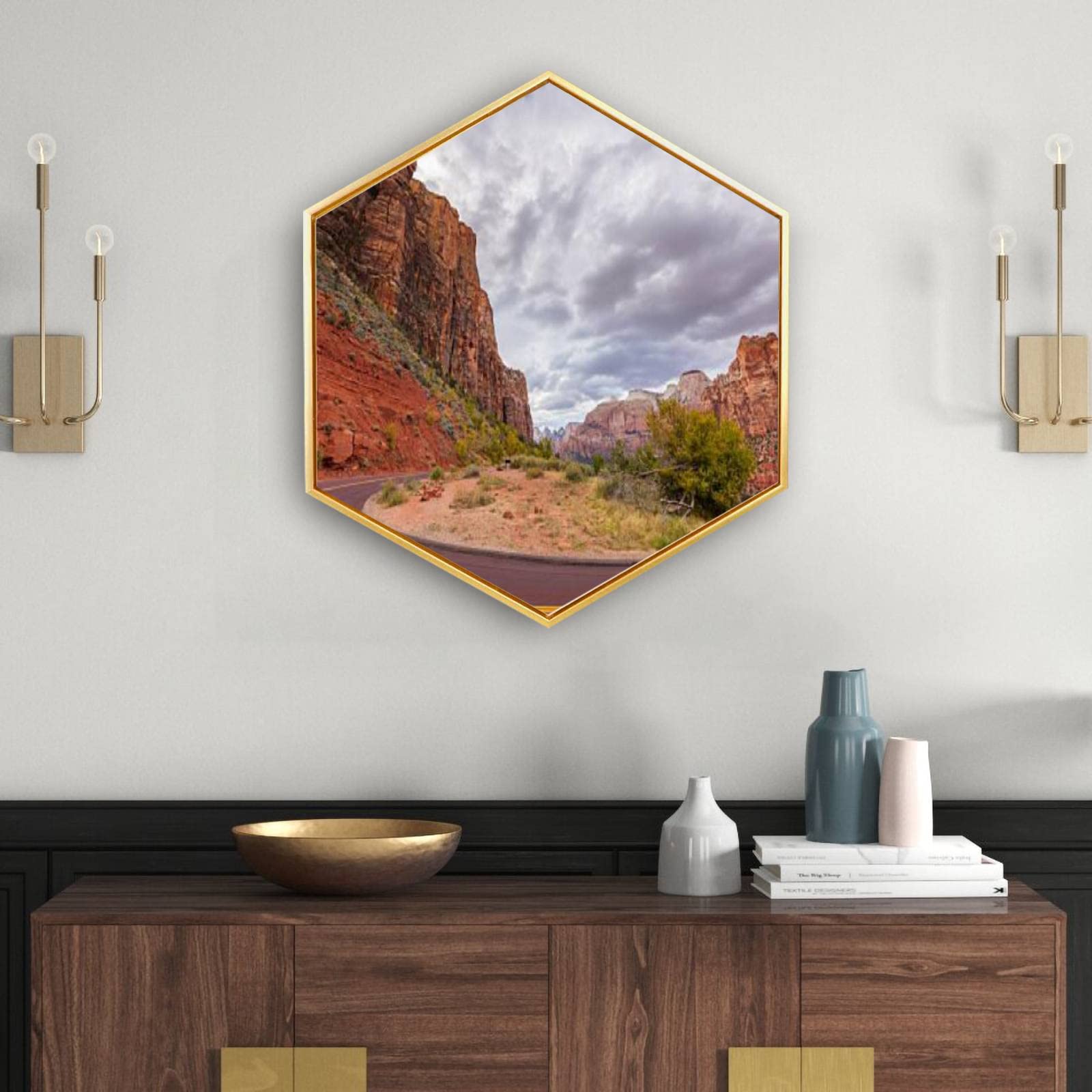 Golden Framed Canvas Wall Art - Zion Mount Carmel Highway Landscape Giclee Print | Minimalist Modern Hexagon Wall Decor for Home & Office | Ready to Hang | Perfect for Living Room, Bedroom & Workspace Decor