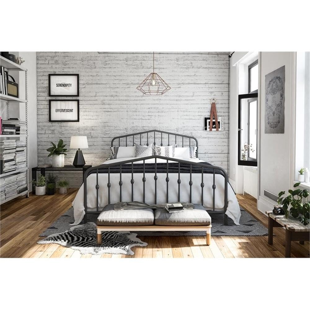 Pemberly Row Contemporary Full Size Adjustable Metal Bed Frame in Gray - Modern Sturdy Platform Bed for Small Spaces & Guest Rooms