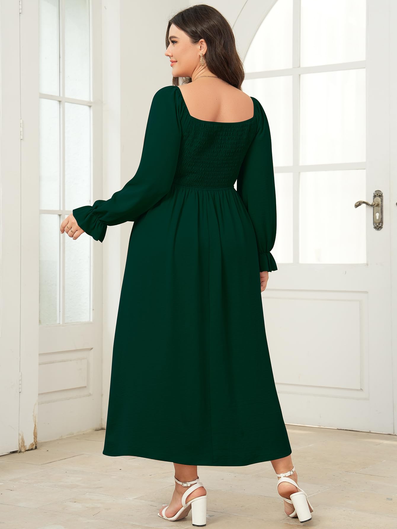 Plus Size Women's Maxi Dress - Long Sleeve Square Neck Smocked Flowy A-Line Boho Dress for Wedding, Party & Special Occasions | Elegant & Comfortable Formal Wear for Curvy Women