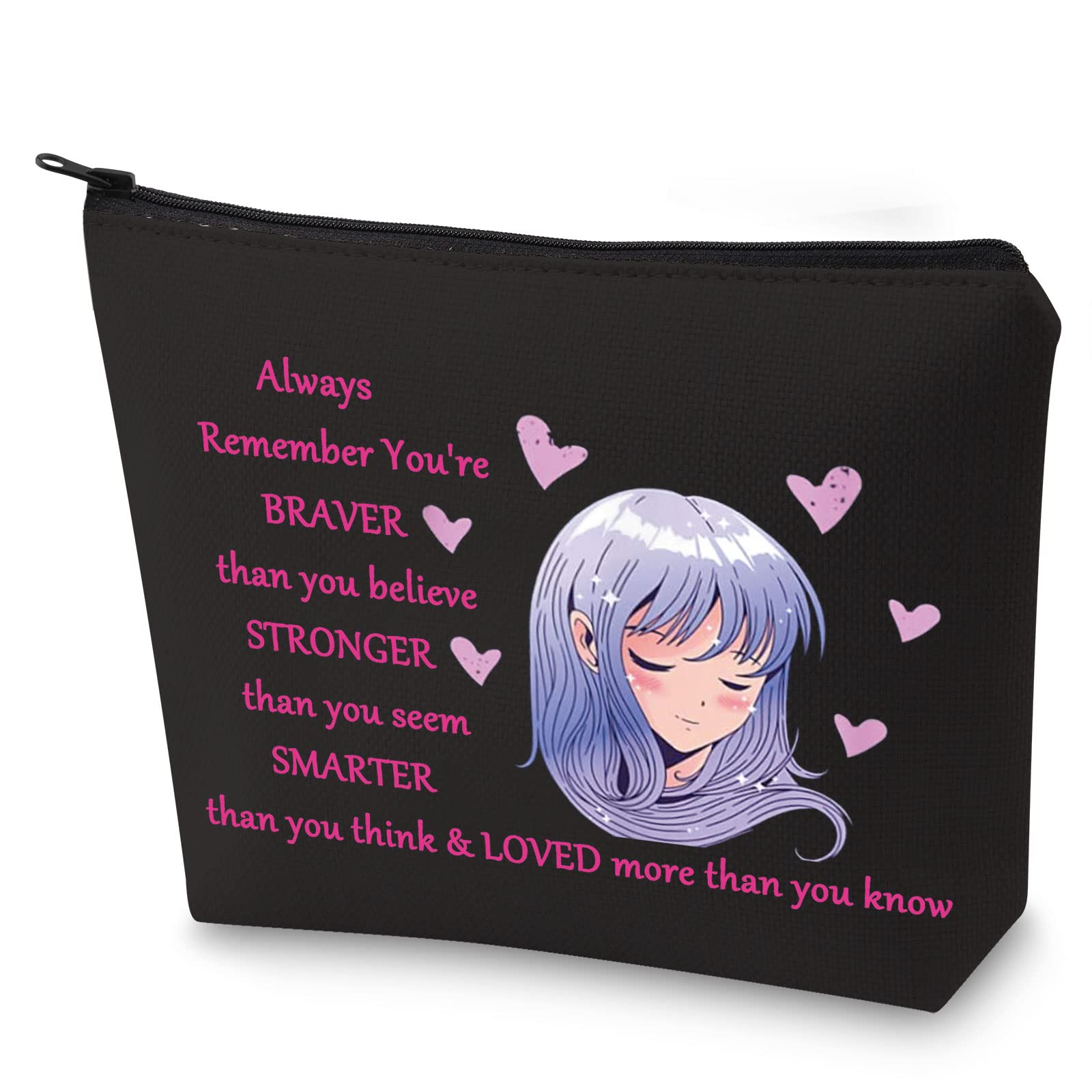 Anime Makeup Bag for Women & Teens - WZMPA Cute Cosmetic Pouch with Inspirational Quote 'You Are Braver Stronger Smarter Than You Think' - Perfect Gift for Anime Fans, Japan Anime Lovers & BL Enthusiasts - Great for School, Travel & Cosplay Accessories