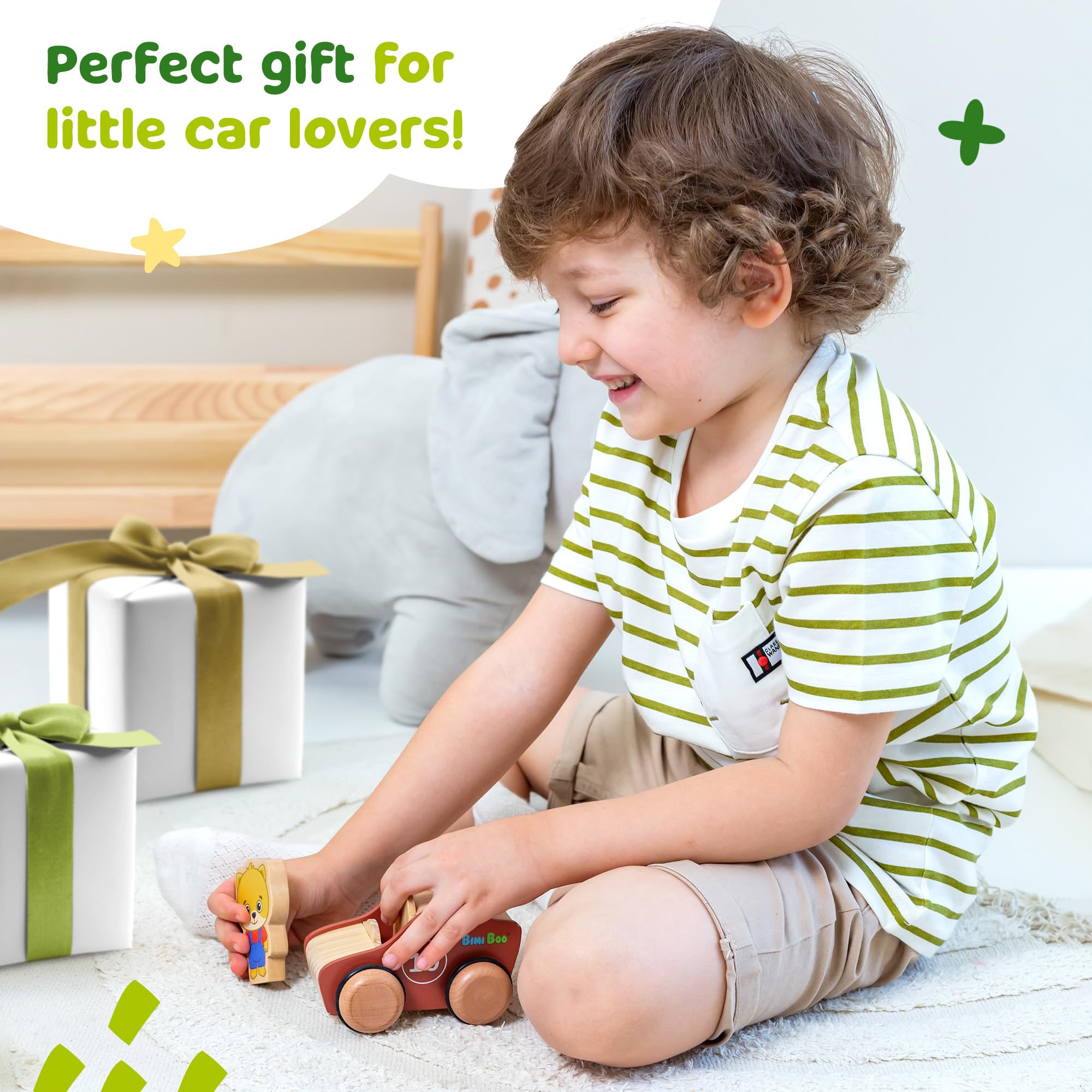 Bimi Boo Wooden Toy Car Set for Toddlers - 2-Piece Push & Go Race Cars with Chunky Playable Characters - Early Learning Grasping Toys for Boys & Girls - Perfect for Indoor Play, Birthday Gifts & Preschool Development