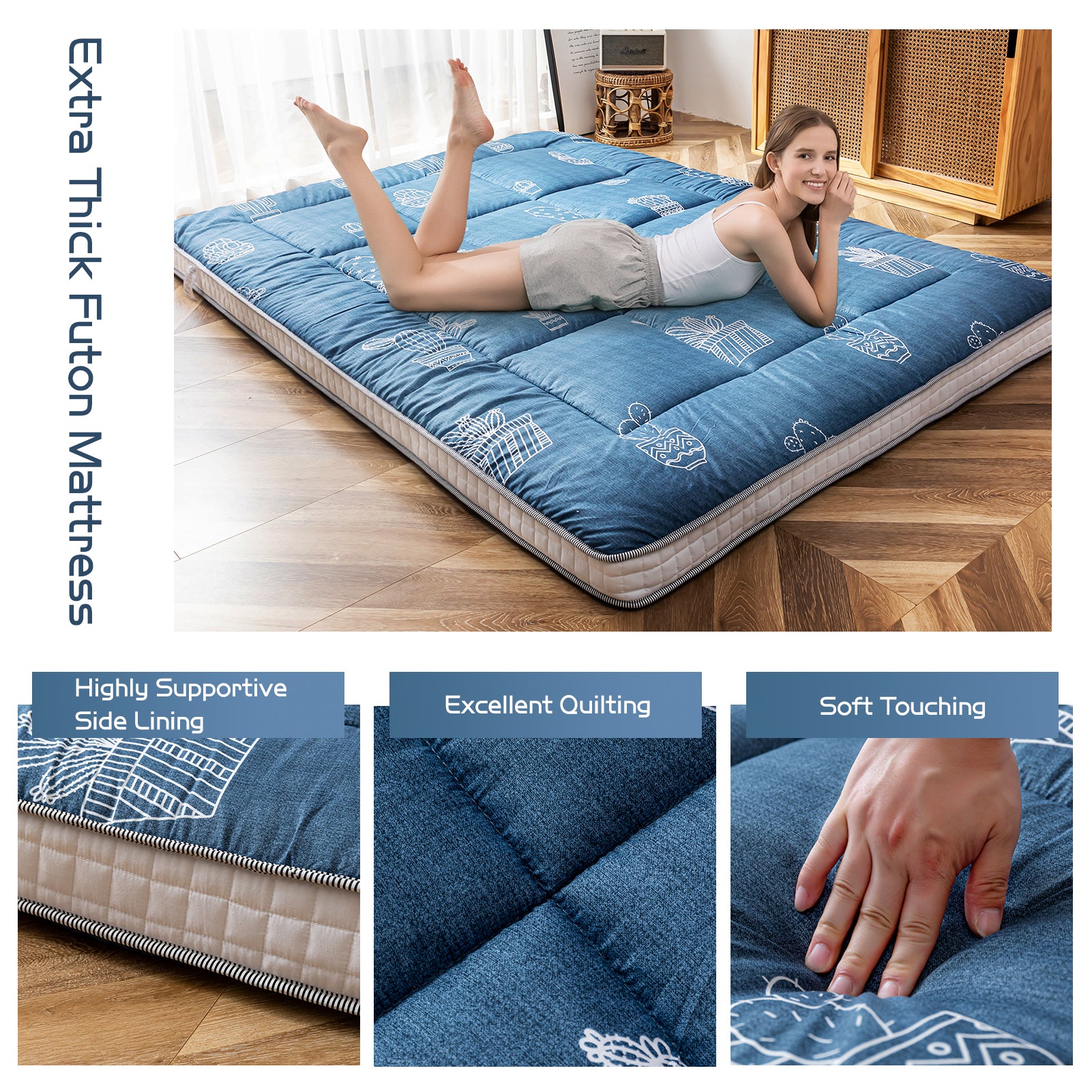 MAXYOYO Extra Thick Japanese Floor Futon Mattress - Grey Cactus Pattern Foldable Sleeping Pad for Guest Room, Camping & Small Space Living