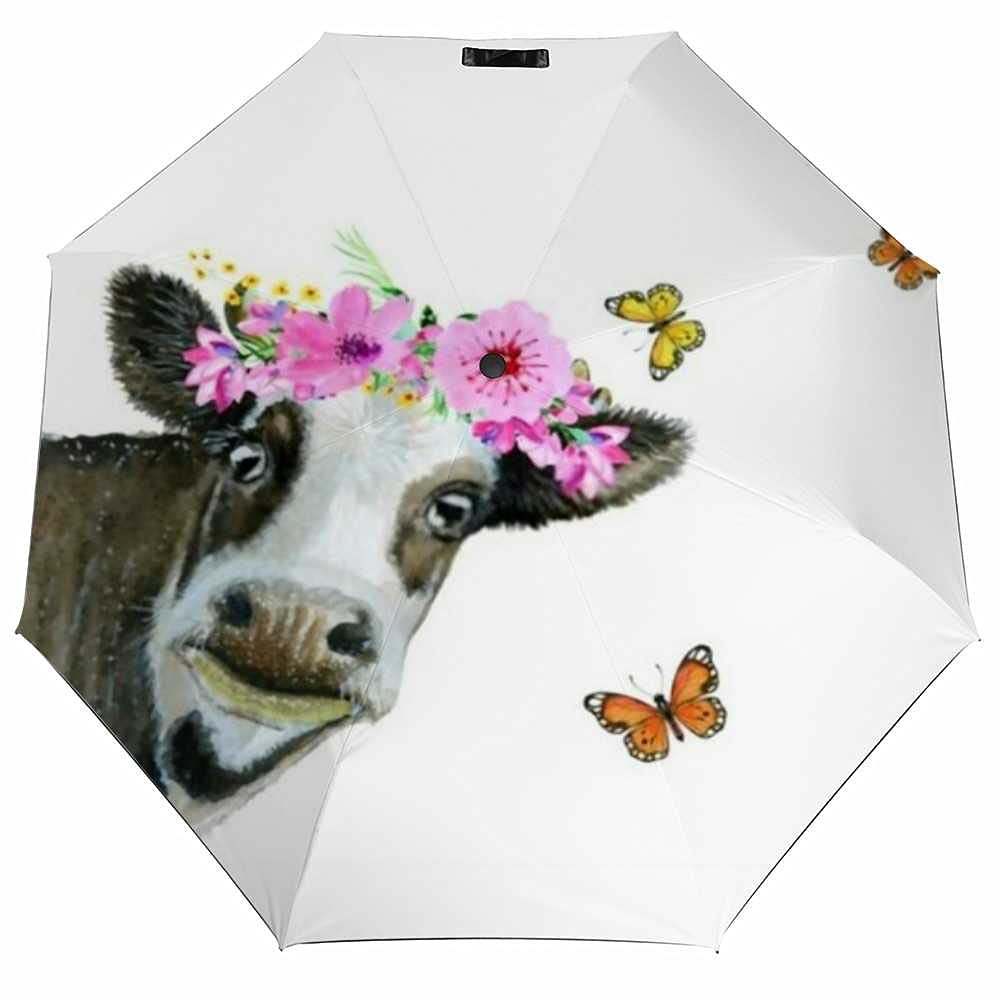 Windproof Compact Travel Umbrella - Automatic Open/Close Watercolor Painted Cow Design - Lightweight Folding Rain & Golf Umbrella for Men & Women - Perfect for Commuting, Travel & Outdoor Activities
