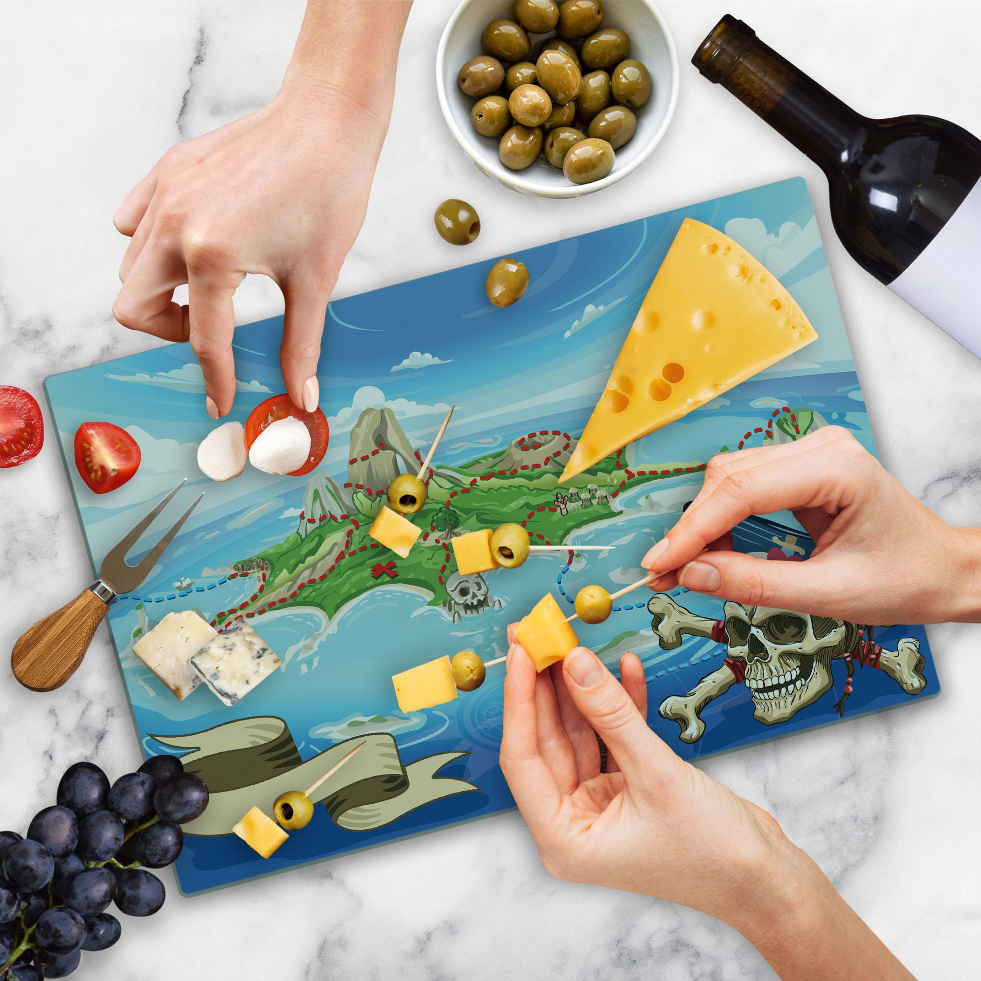 Ambesonne Pirate Island Map Cutting Board - Large Tempered Glass Serving Board with Aerial View of Fantasy Cove, Skull & Crossbones - Decorative Kitchen Accessory for Cooking, Entertaining & Gifts