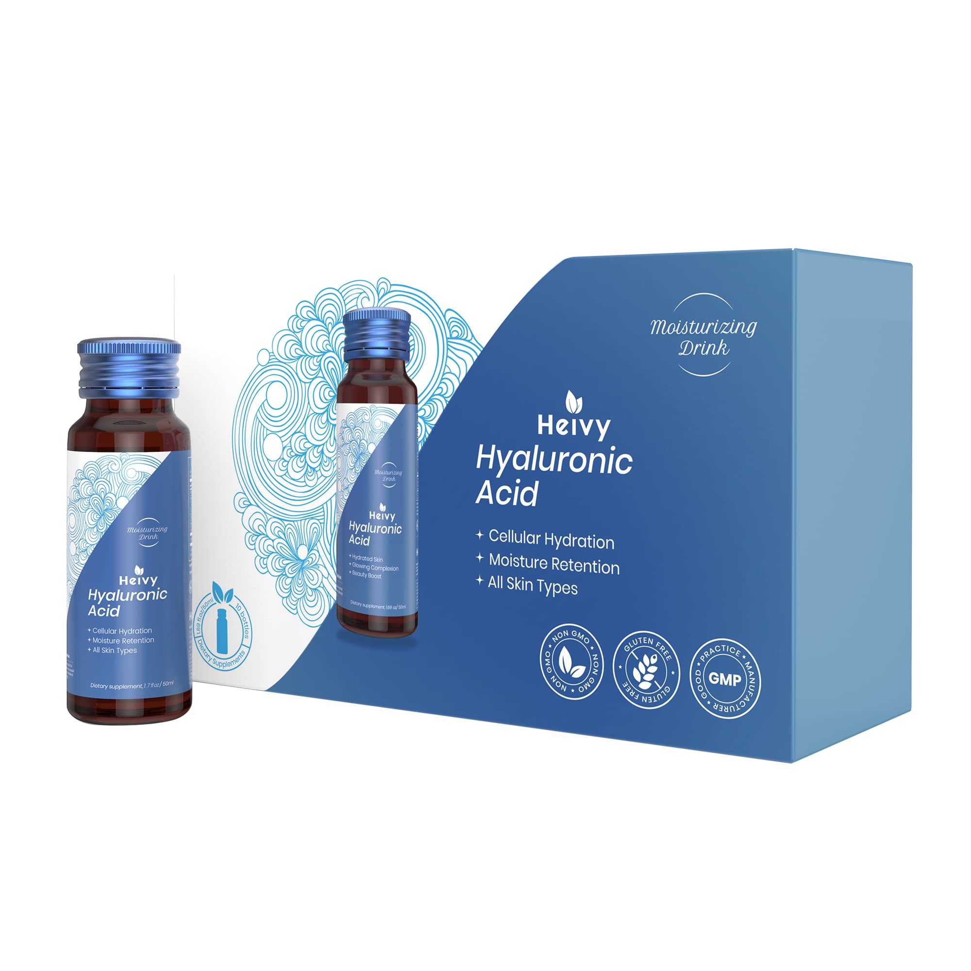 Heivy Hyaluronic Acid Drink - Skin Moisturizing & Hydration, Joint Support, Antioxidant Benefits - Non-GMO, Gluten-Free - 30 Bottles x 50ml (3 Packs) - Perfect for Daily Skincare Routine & Active Lifestyle