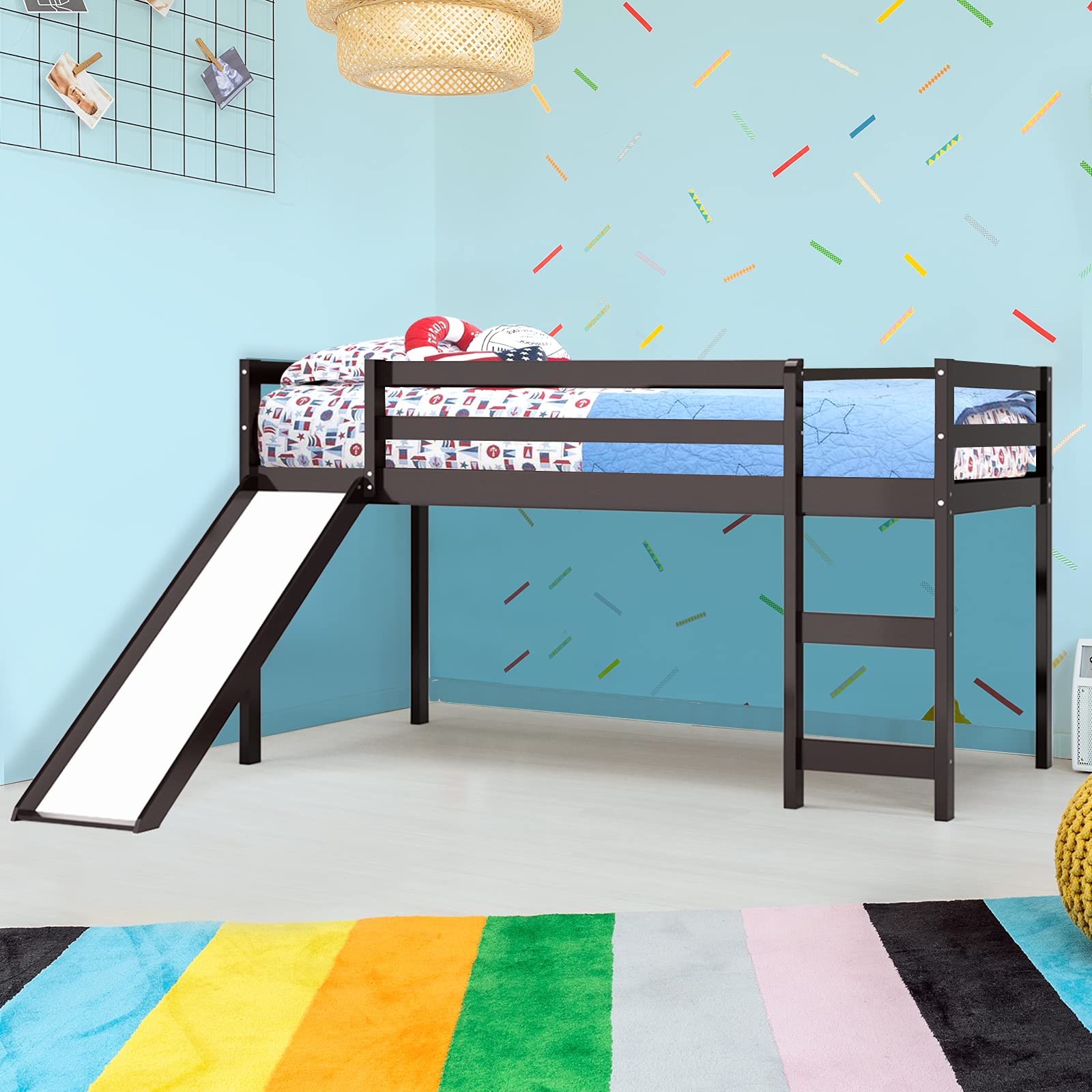 KOTEK Twin Loft Bed with Slide - Wooden Low Loft Bed for Kids with Ladder, Safety Guard Rail & Slats - Espresso Finish - Perfect for Small Bedrooms, Playrooms & Kids' Sleepovers