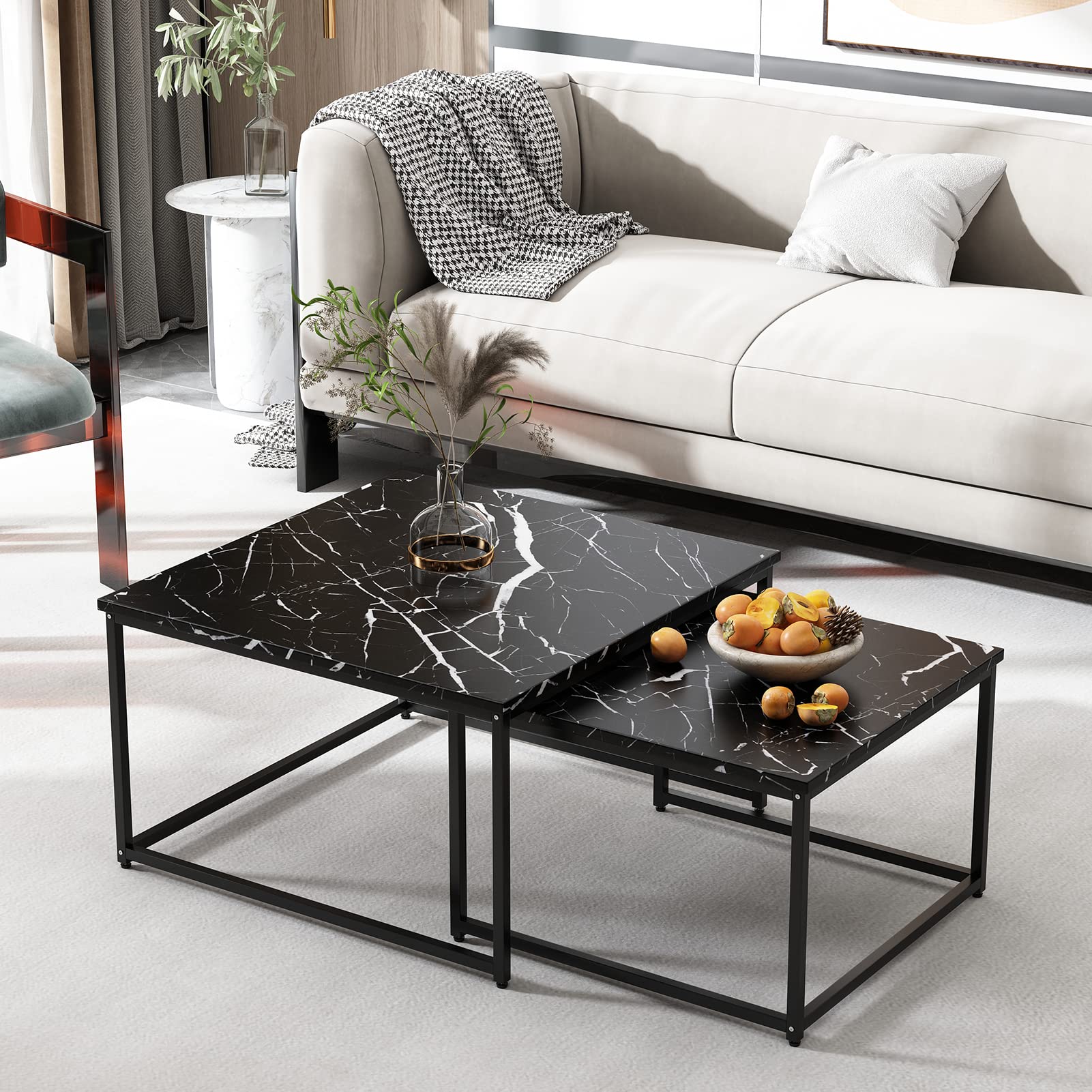 Modern Nesting Coffee Table Set of 2 - Faux Marble End Tables with Sturdy Metal Frame, Rectangle Cocktail Tables for Living Room, Bedroom or Home Office | Perfect for Small Spaces, TV Snacking and Stylish Home Decor