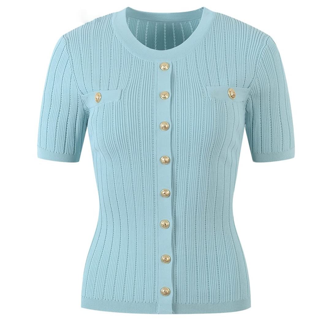 Korean Summer O-Neck Short Sleeve Casual Knitted Top Women's Elegant Slim Cardigan Sweater Sky Blue | Lightweight Summer Cover-Up for Beach, Office & Date Night Outfits