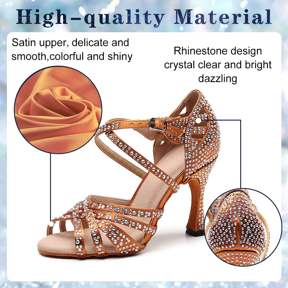 Professional Women's Rhinestone Latin Dance Shoes - 3.5 Inch Heel Open Toe Ballroom Salsa Shoes for Social Dancing | Perfect for Competitions, Performances & Dance Classes