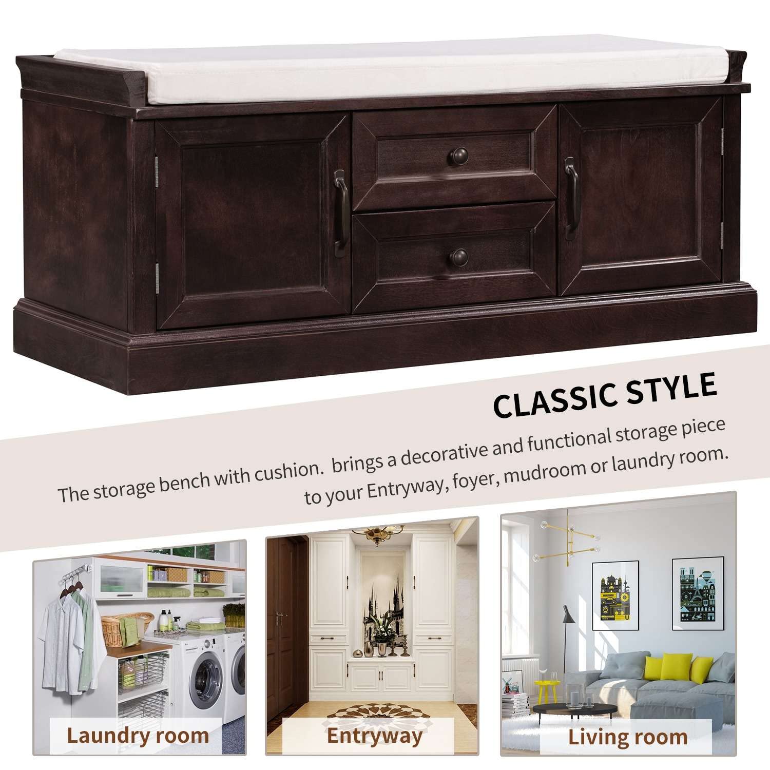 Wooden Shoe Storage Bench with 2 Drawers & 2 Cabinets - Entryway Bench with Removable Cushion - Perfect for Hallway, Mudroom & Bedroom Organization