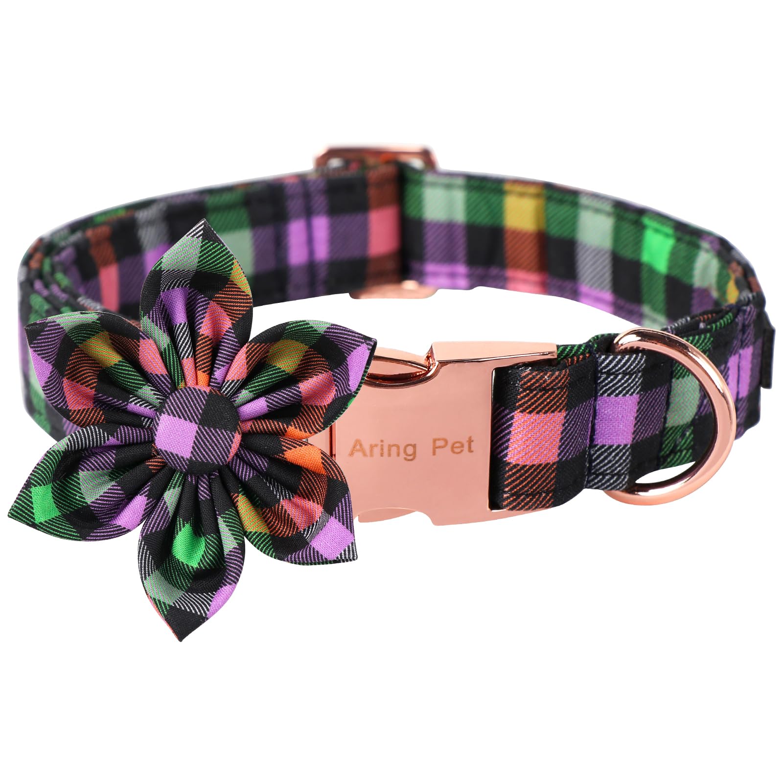 ARING PET Halloween Dog Collar - Adjustable Cotton Plaid Dog Collar with Flower & Metal Buckle for Small Medium Dogs | Cute Fall & Halloween Costume Accessory for Girl Puppies