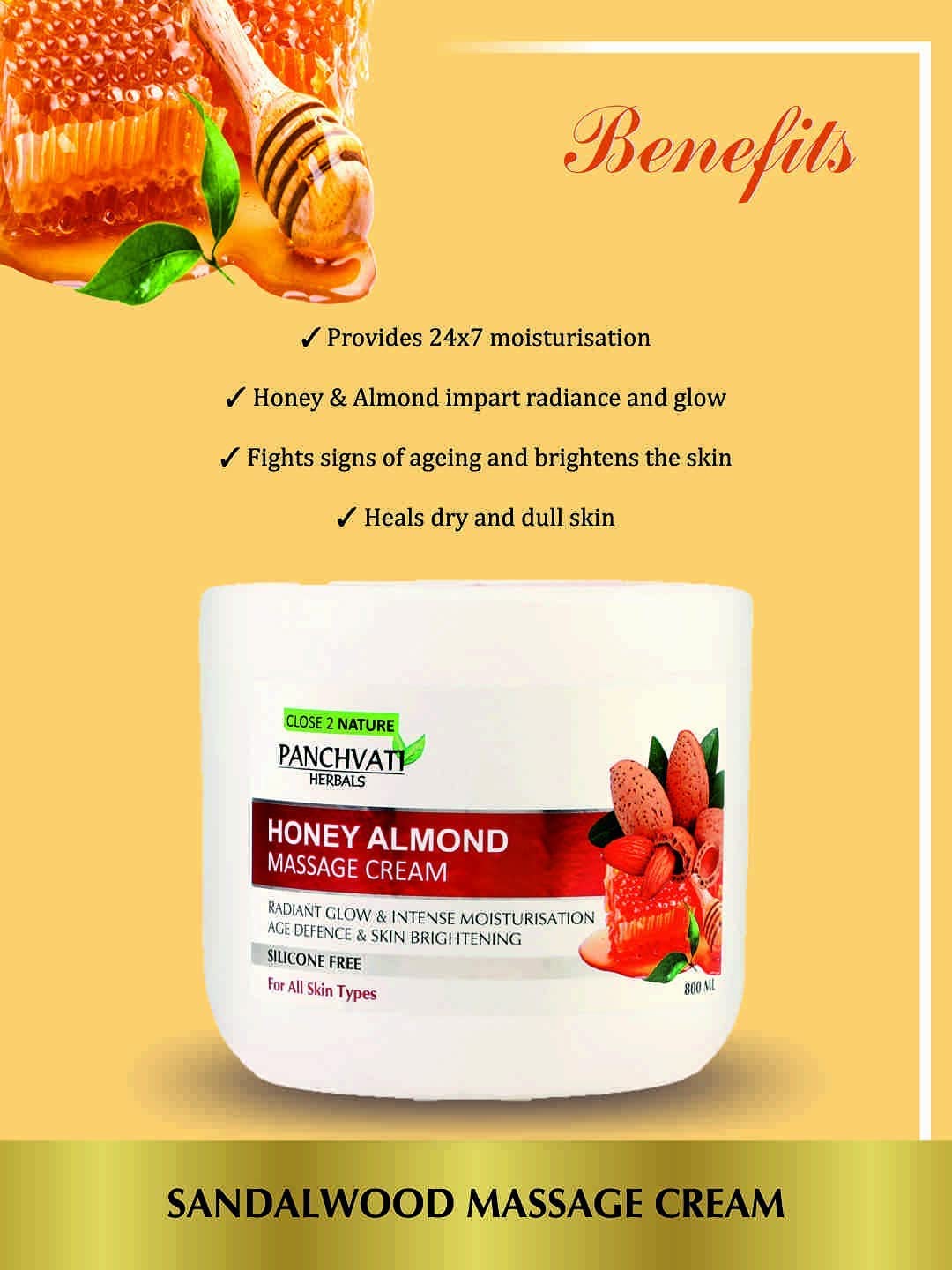 Panchvati Herbals Almond Massage Cream for Skin Health & Moisturization - 800ml | All Skin Types | Perfect for Daily Massage, Spa Treatments & Dry Skin Care