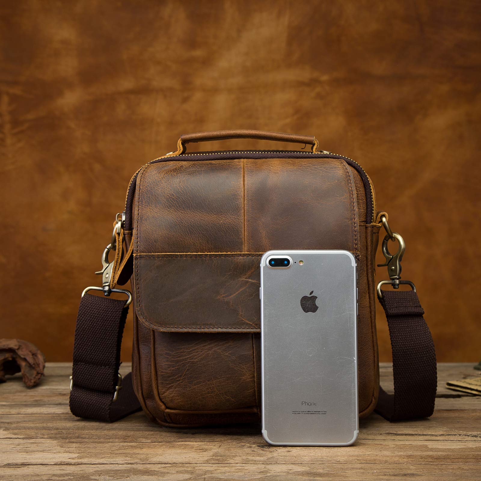 **Men's Genuine Crazy Horse Leather Crossbody Messenger Bag - Durable Shoulder Satchel for 8