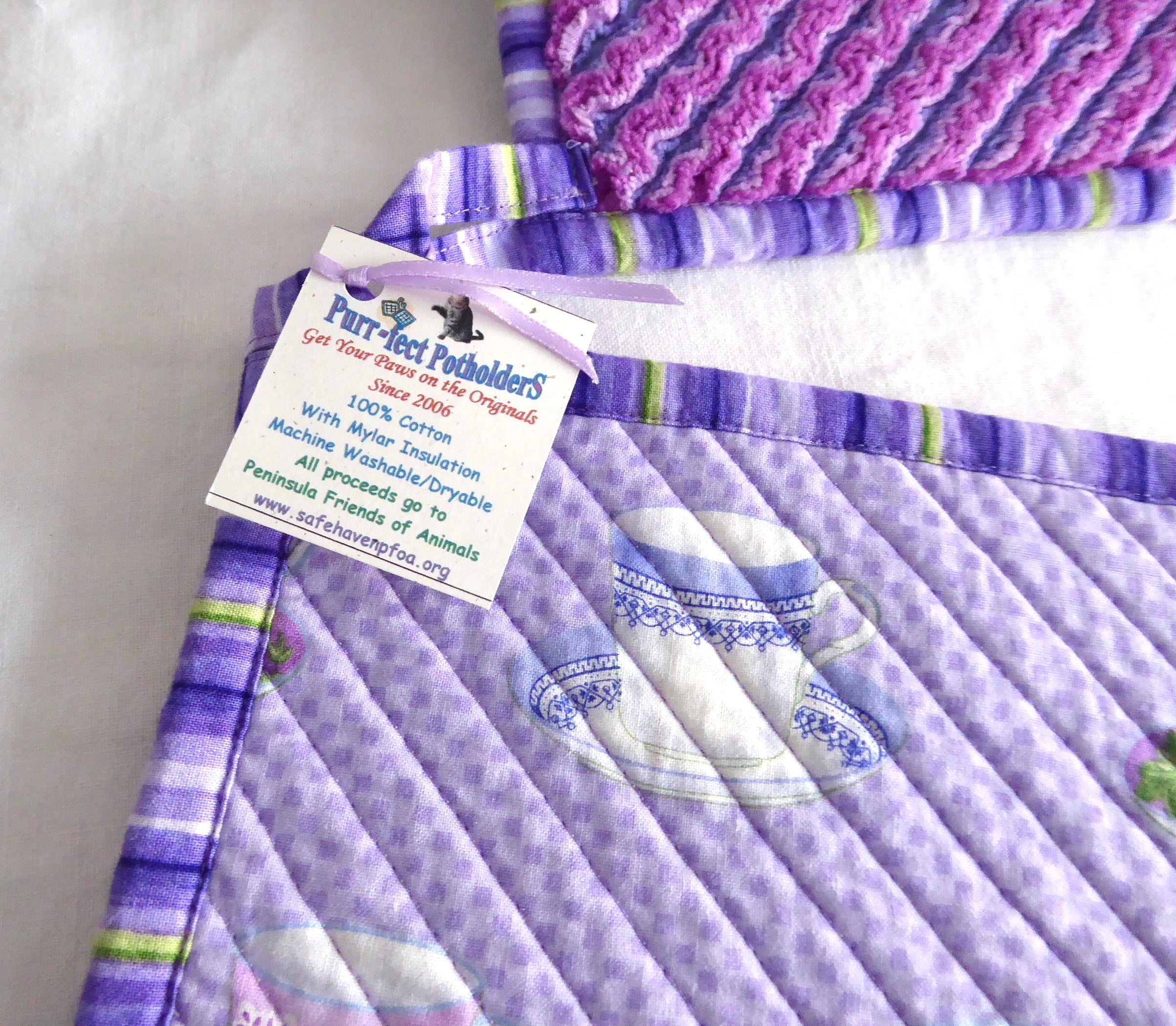 Handmade Purple and Pink Padded Potholders with Teacup Design - Pair for Kitchen & Baking - Supports Animal Charity | Perfect for Cooking, Baking, and Home Decor