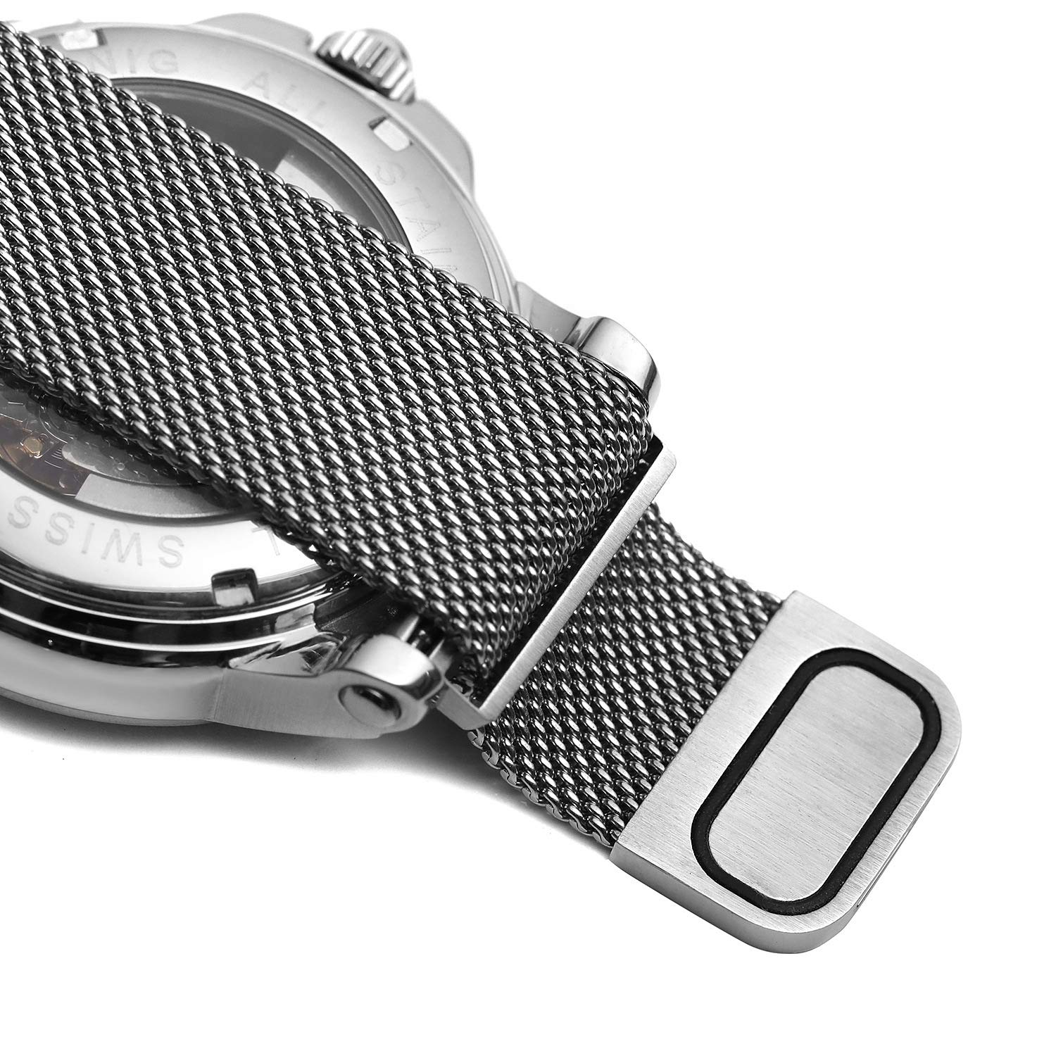 MASTOP Men's Automatic Skeleton Watch - Stainless Steel Mesh Band with Roman Numerals - Waterproof Mechanical Wristwatch for Business, Casual & Formal Occasions