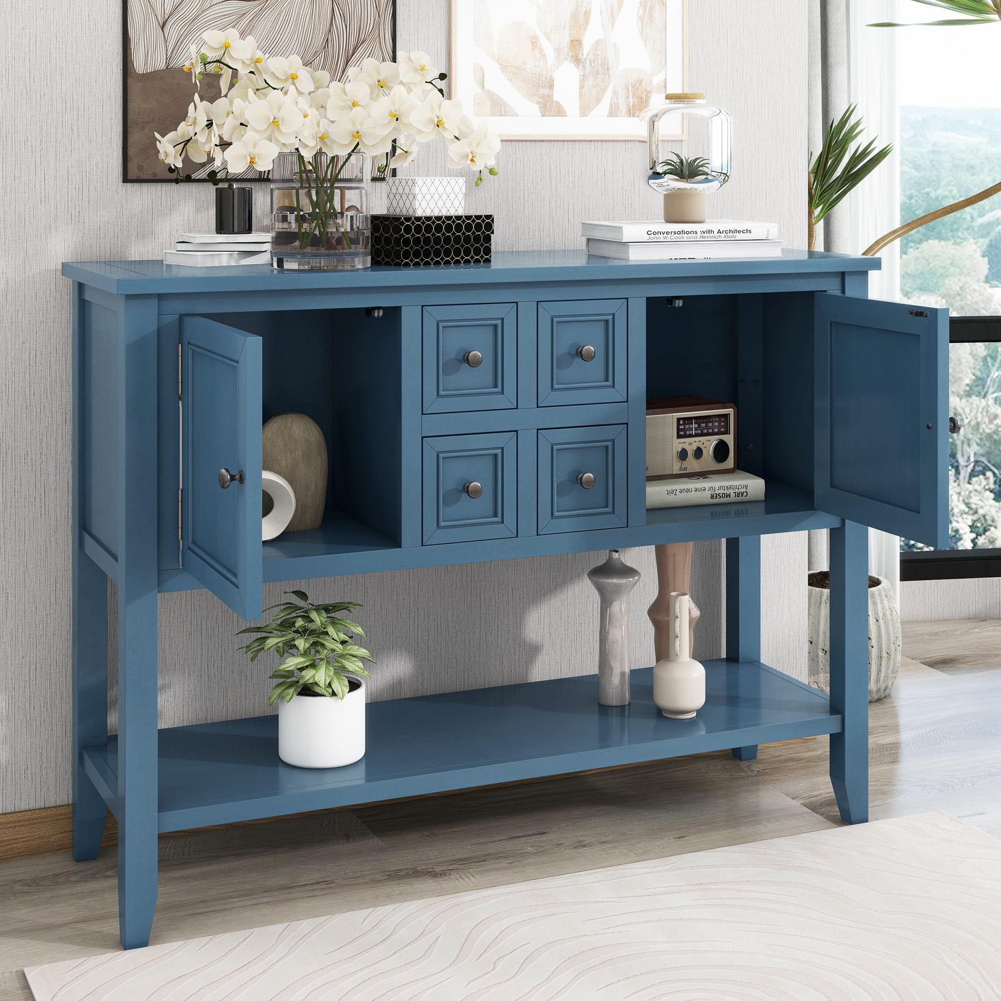 LZ LEISURE ZONE Retro Style Wood Console Table with Storage Cabinet & Drawers - Light Navy Buffet Sideboard with Bottom Shelf for Living Room, Kitchen & Entryway - Perfect for Home Decor, Storage Solutions and Entryway Organization