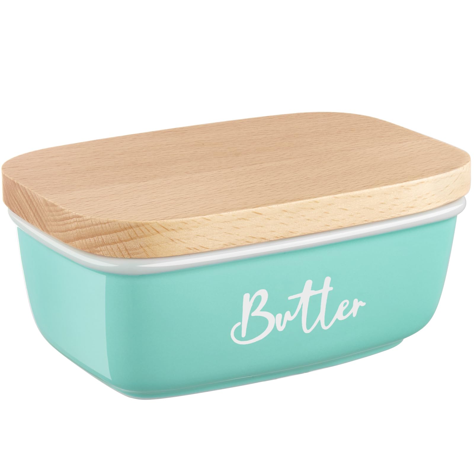 ALELION Turquoise Ceramic Butter Dish with Lid - Airtight Butter Keeper Container with Thick Beech Wood Cover - Modern Farmhouse Kitchen Decor for Countertop - Perfect for Dining Table, Breakfast Nook & Farmhouse Style Kitchens