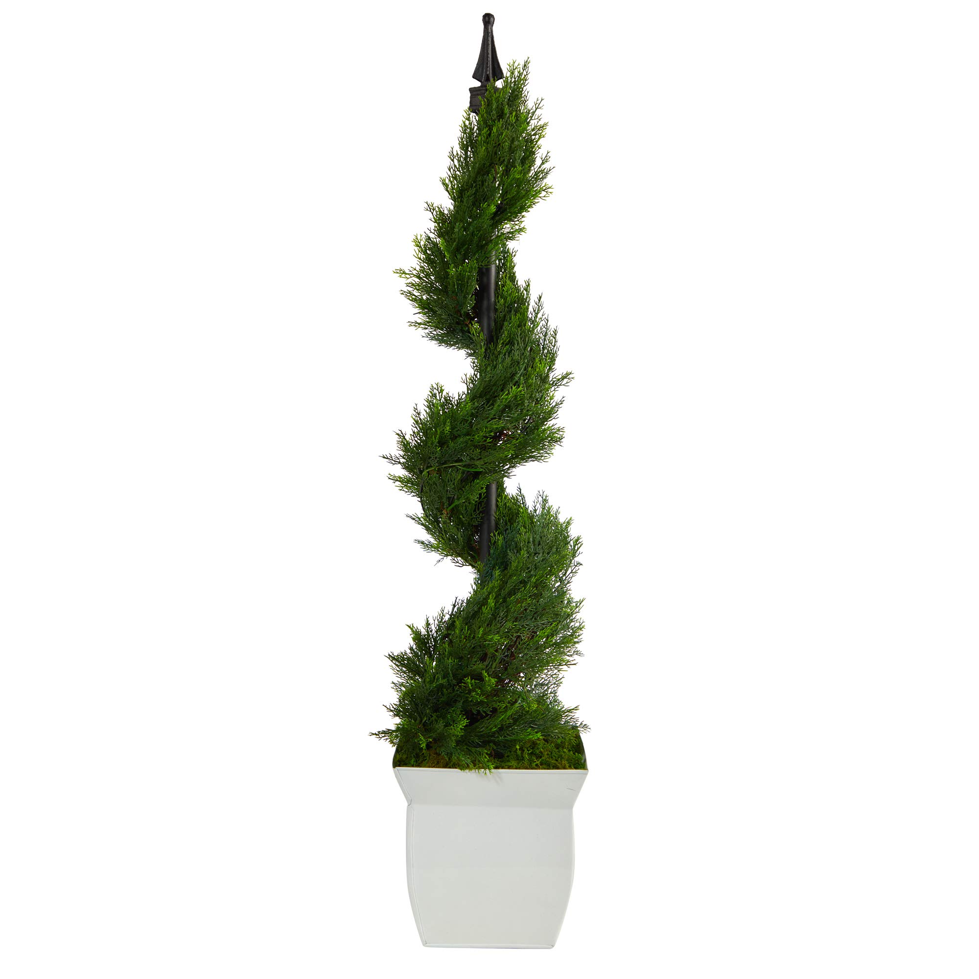 Nearly Natural 4ft Artificial Cypress Spiral Topiary Tree in White Metal Planter - Perfect for Home Decor, Office, Patio & Indoor Greenery
