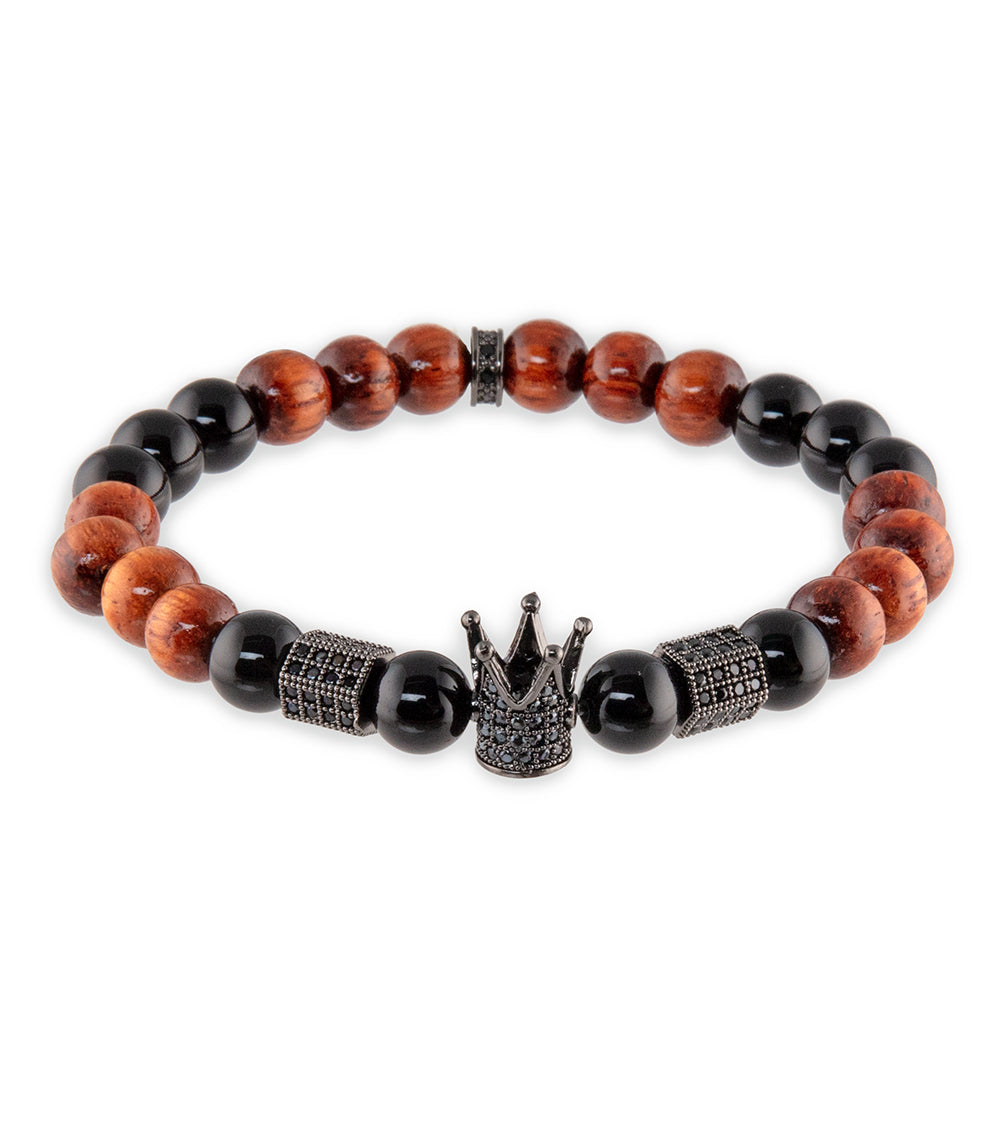 Handmade Bergan Bracelet - Onyx, Koa Wood & Alloy Metal Crown Design for Men & Women | Perfect for Gifts, Weddings & Everyday Wear
