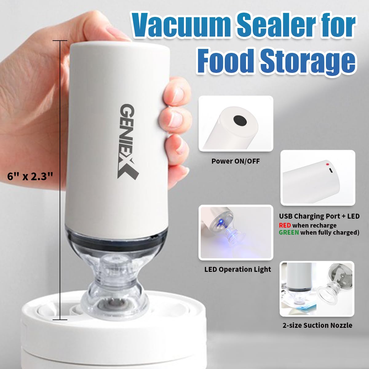 Cordless Handheld Vacuum Sealer for Food Storage | Portable Vacuum Pump for Reusable Bags & Containers | Perfect for Meal Prep, Sous Vide & Fresh Food Preservation (Sealer, Bags & Containers Sold Separately)