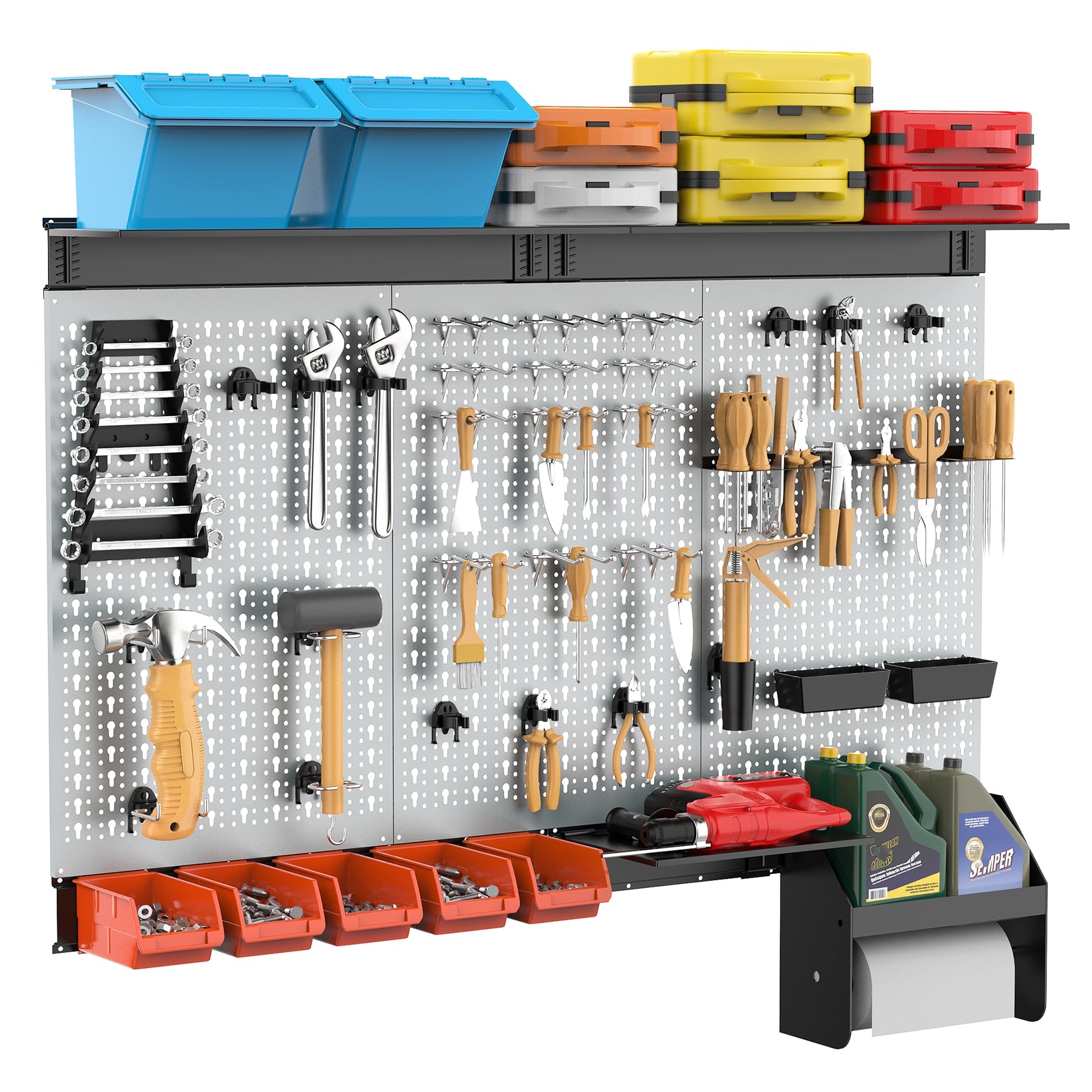 TORACK 4 ft. Metal Pegboard Wall Organizer System - Heavy Duty Garage Tool Storage with Hooks, Accessories & Wall Mounted Bins - Perfect for Workshop, Garage, Shed & Home Organization (Black)