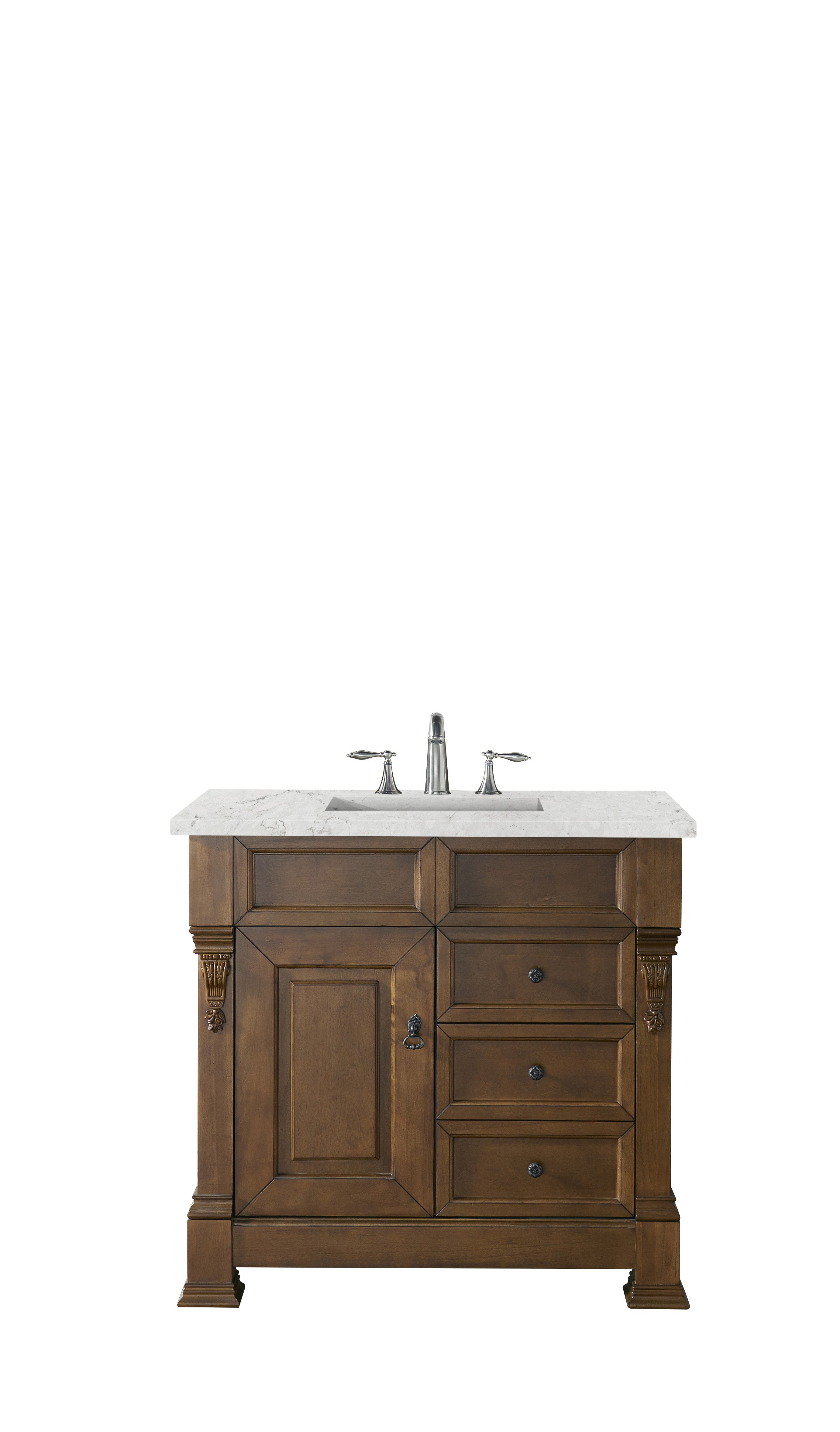Brookfield 36-Inch Single Bathroom Vanity in Country Oak with 3CM Eternal Jasmine Pearl Quartz Countertop | Perfect for Modern Farmhouse & Rustic Bathroom Designs
