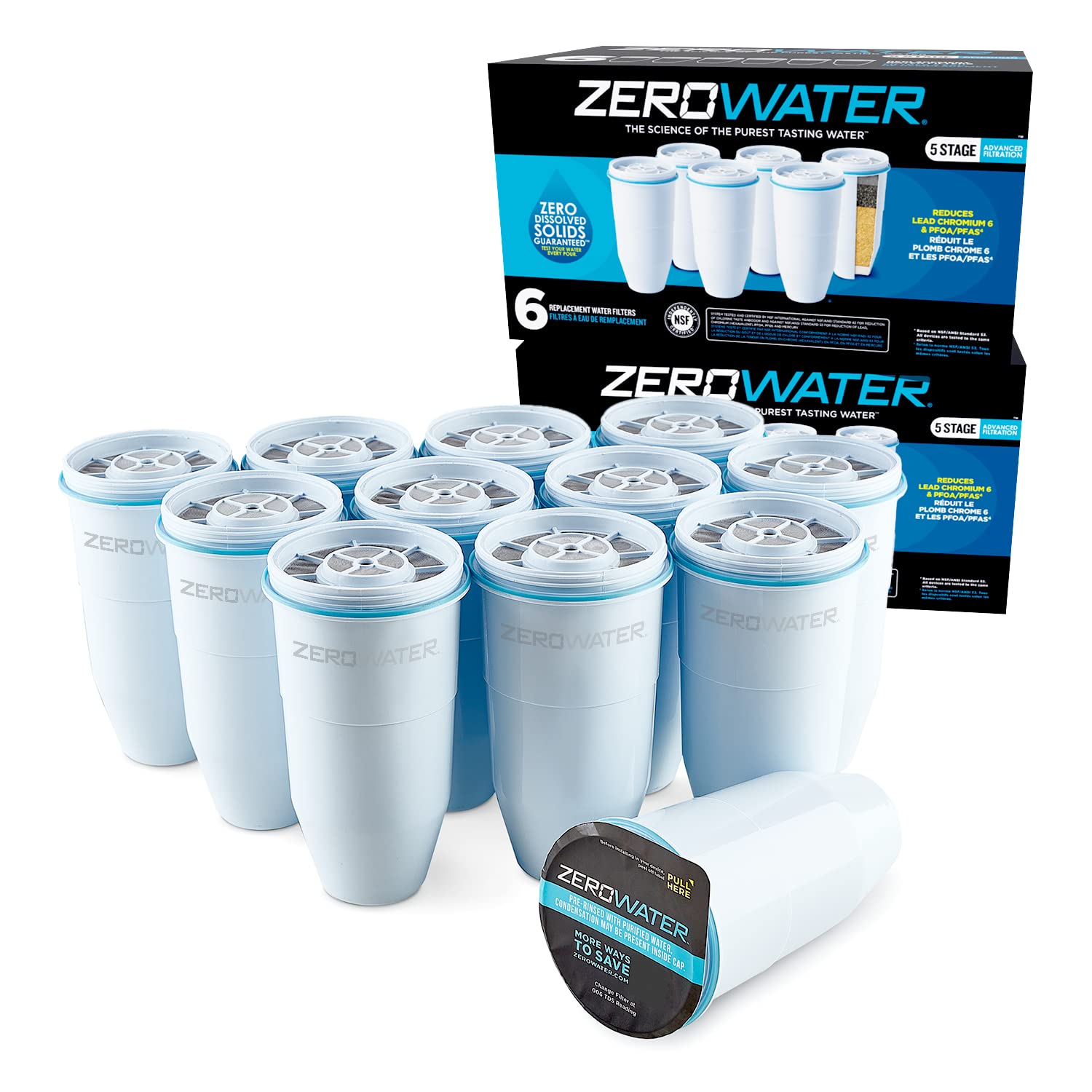 ZeroWater Official Replacement Filter - 5-Stage 0 TDS Water Filter Cartridge - IAPMO Certified to Reduce Lead, Chromium, PFOA/PFOS - 12-Pack for Clean Drinking Water at Home & Office